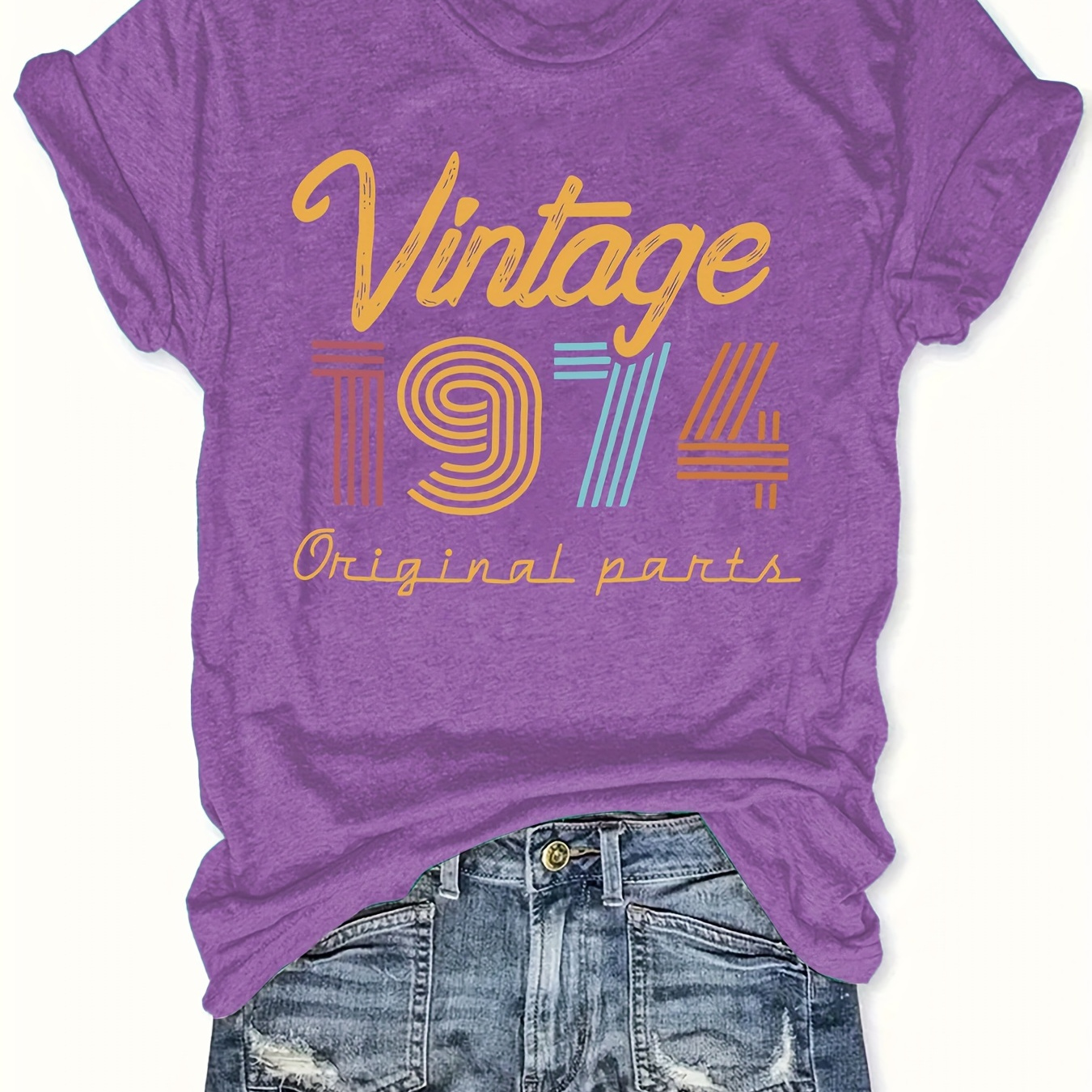 

Plus Size Vintage 1974 Print T-shirt, Casual Crew Neck Short Sleeve Top For Spring & Summer, Women's Plus Size Clothing