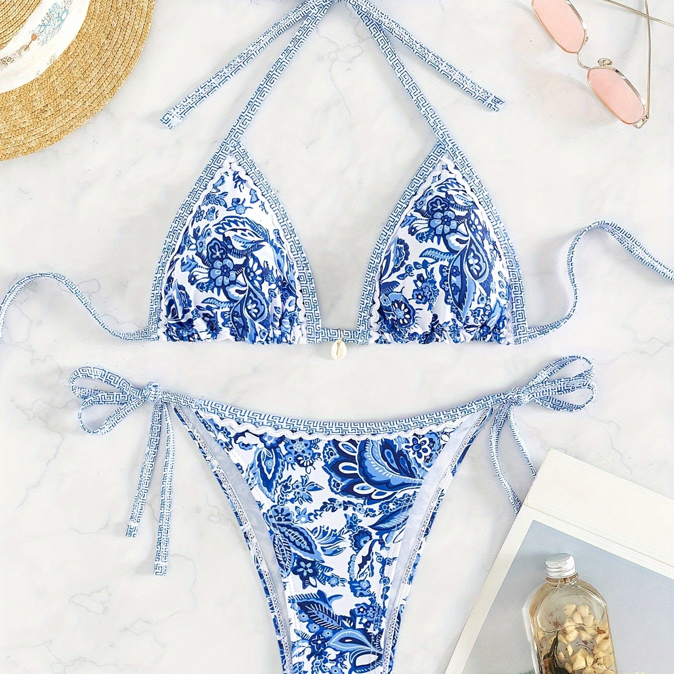 

Porcelain Print Triangle 2 Piece Set Bikini, Halter Neck Tie Side High Cut Swimsuits, Women's Swimwear & Clothing