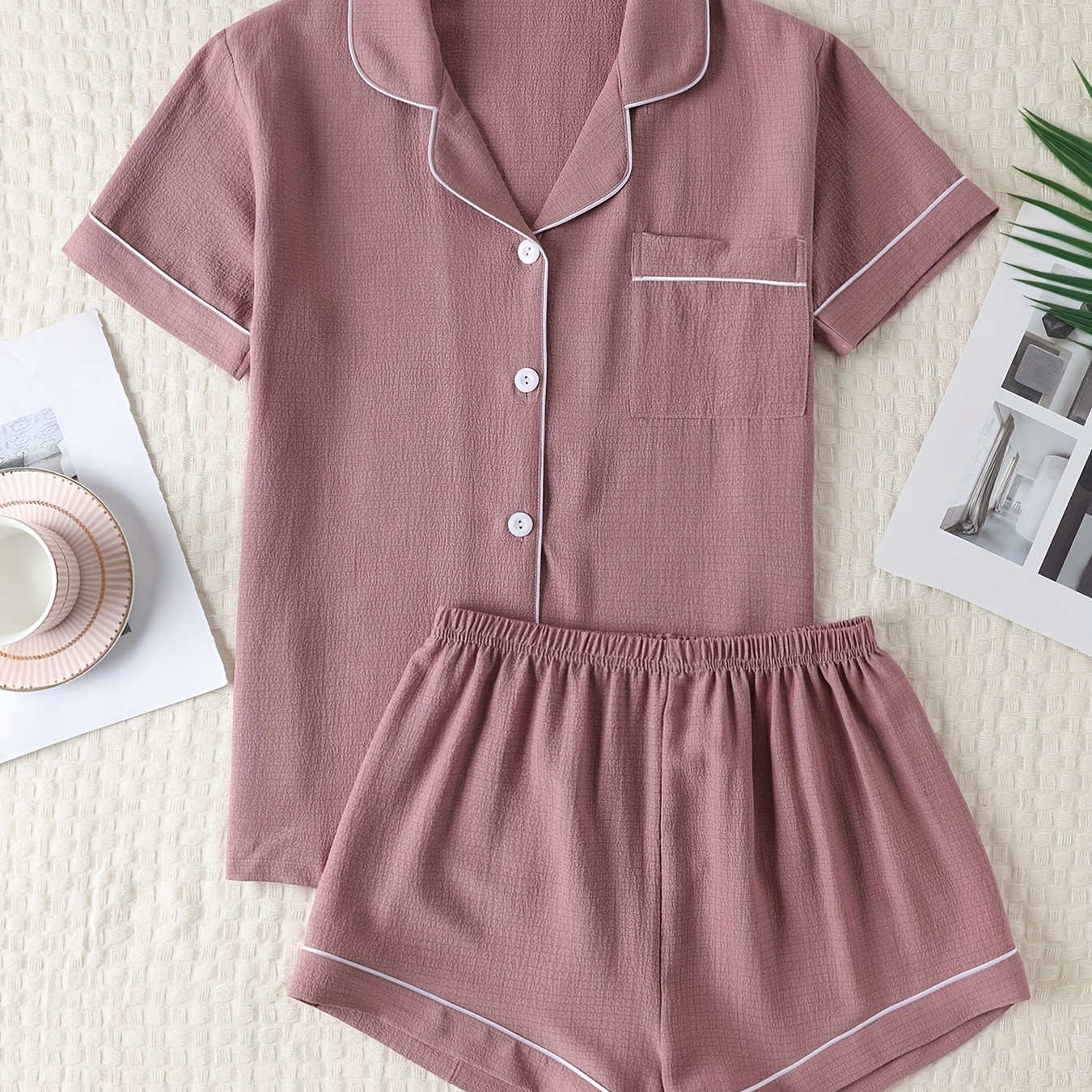 

Simple Solid Pajama Set, Short Sleeve Button Up Lapel Collar Top & Elastic Shorts, Women's Sleepwear