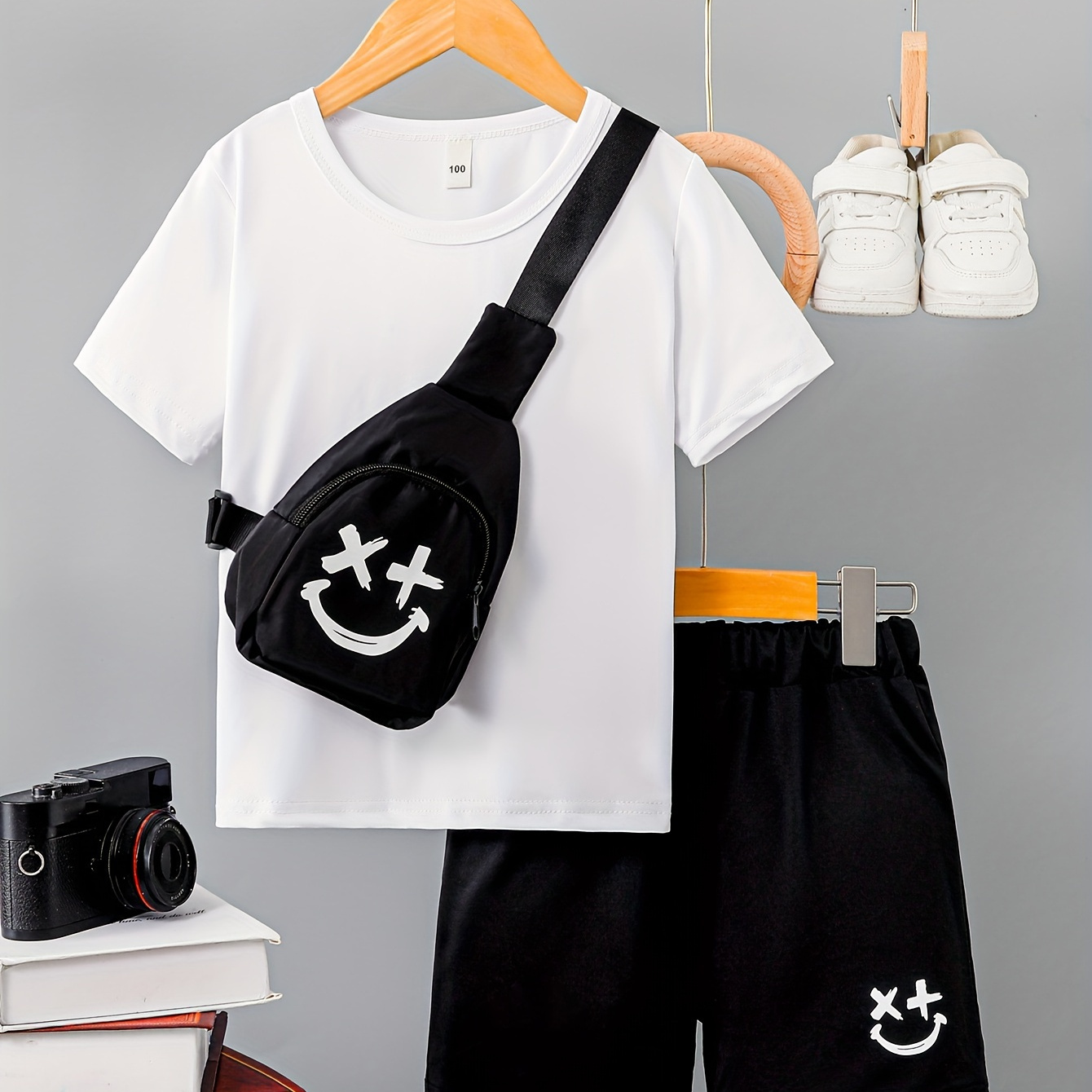 

3pcs Boys Casual Solid Short Sleeve T-shirt & Smile Face Print Shorts & Crossbody Bag Set, Comfy Summer Kids Clothing