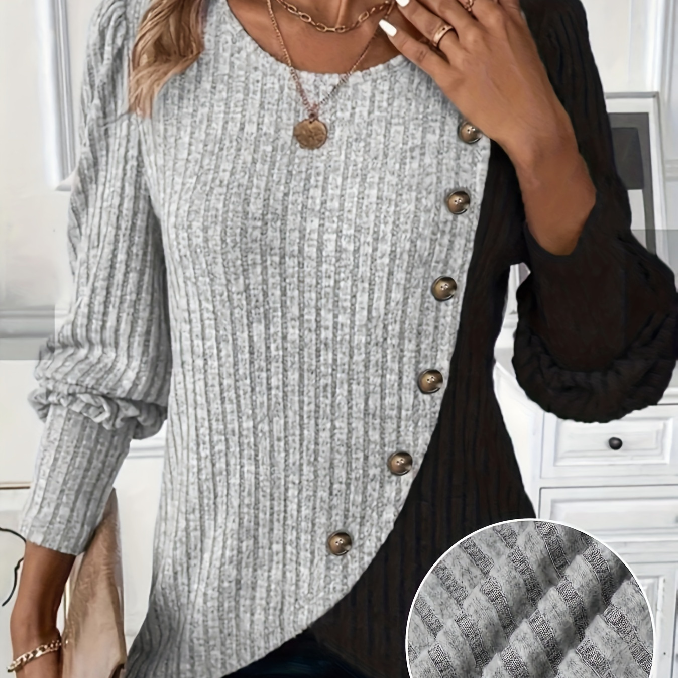 

Women's Plus Size Long Sleeve Ribbed Knit Sweater With Button Detail, Elegant Solid Color Pullover, Polyester , Round Neck, Stretch Fabric, Autumn/ Top