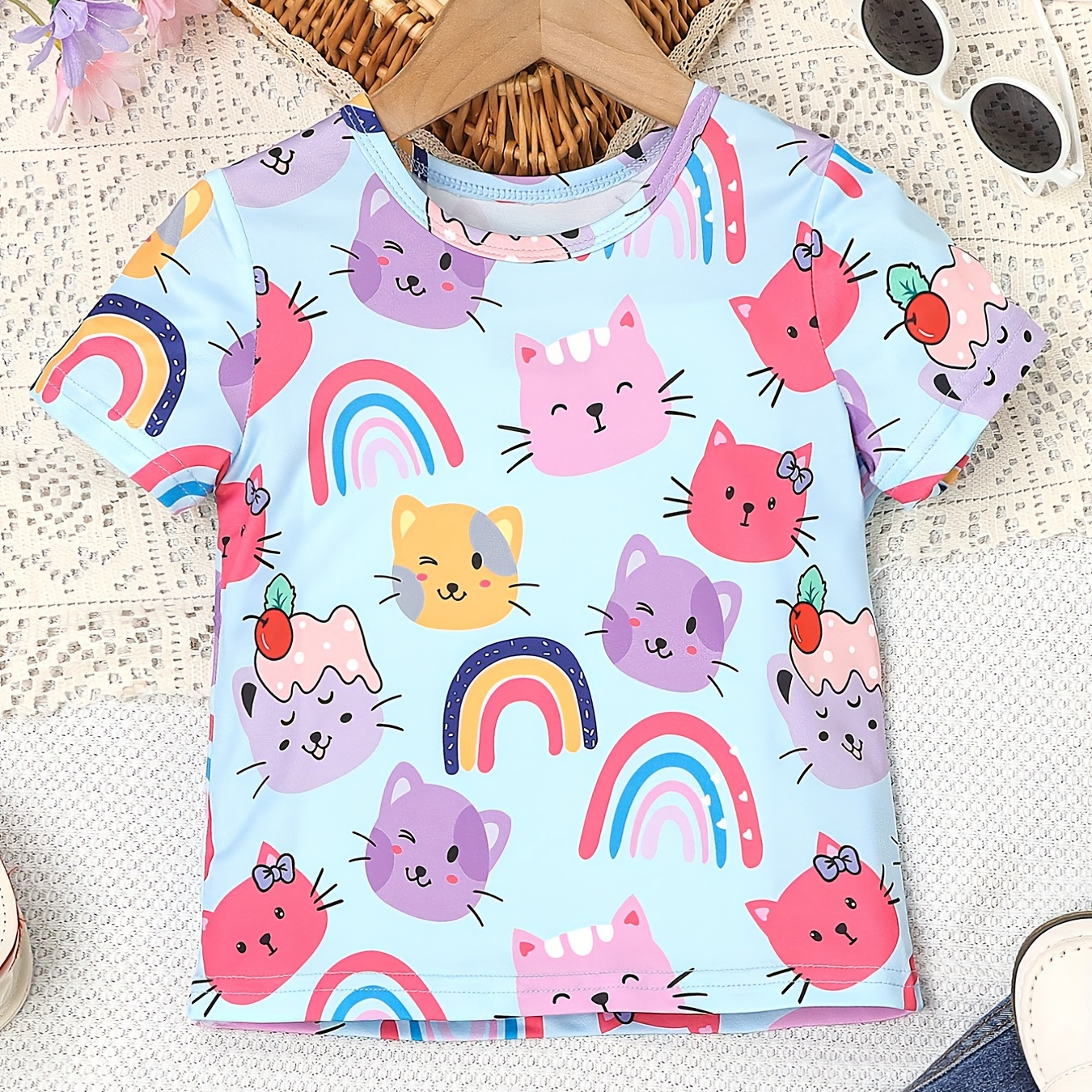 

Girls Cartoon Colorful Cat Pattern Round Neck Short Sleeve Casual Short Sleeve T-shirt For Summer