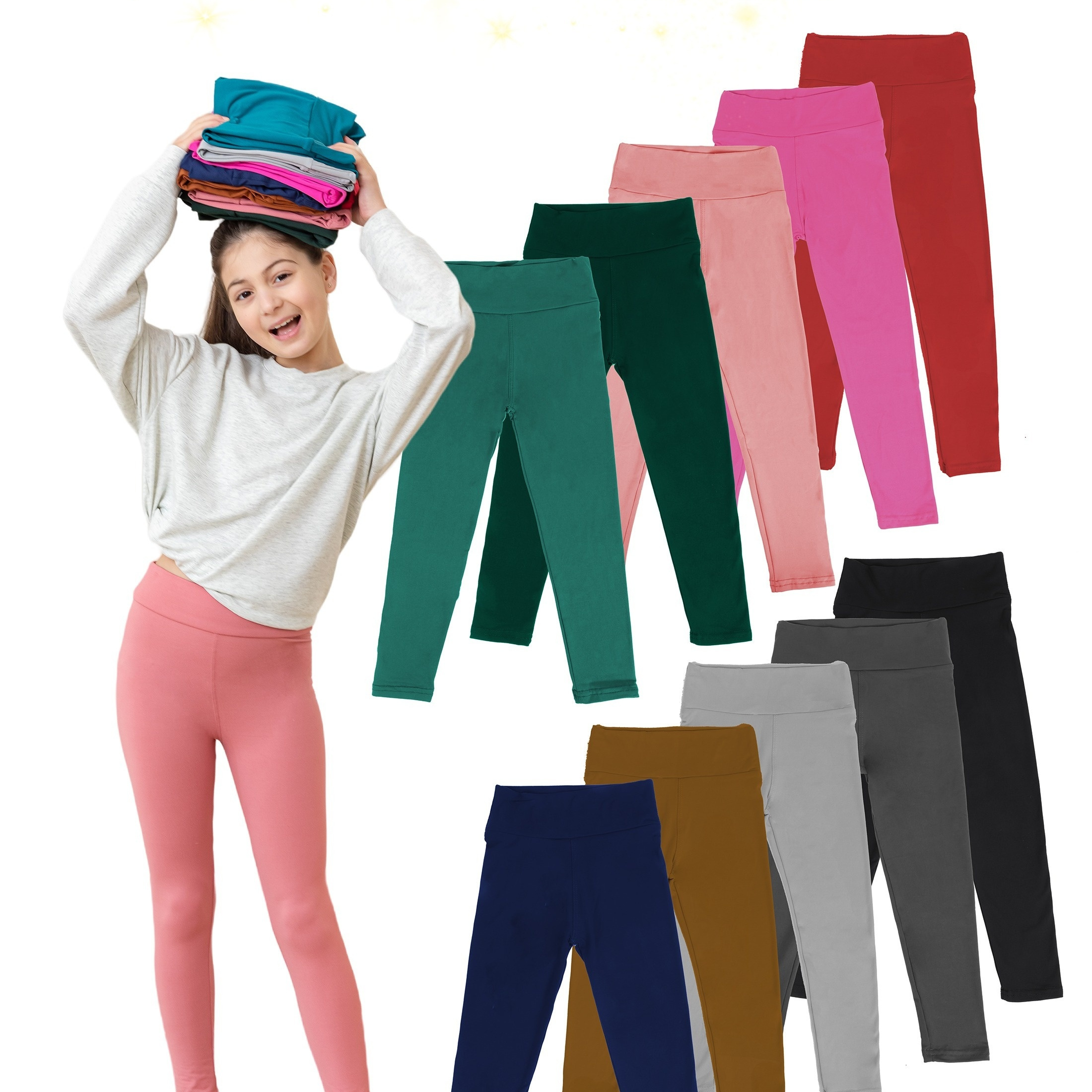 

10pcs Girls Solid Stretchy High Waist Leggings Set Comfy Slim Leggings Outdoor Gift