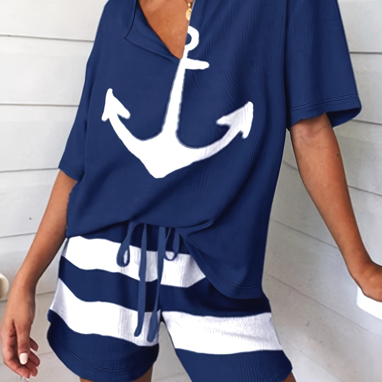 

Casual Loose Shorts Set, Anchor Print Short Sleeve Loose Top & Striped Pattern Drawstring Shorts, Women's Clothing