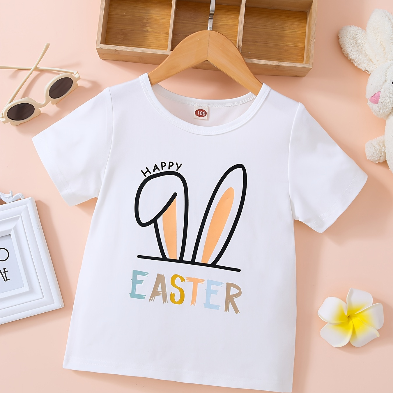 

happy Easter" Bunny Ear Round Neck T-shirt Tee Top Casual Soft Comfortable Boys And Girls Summer Clothes