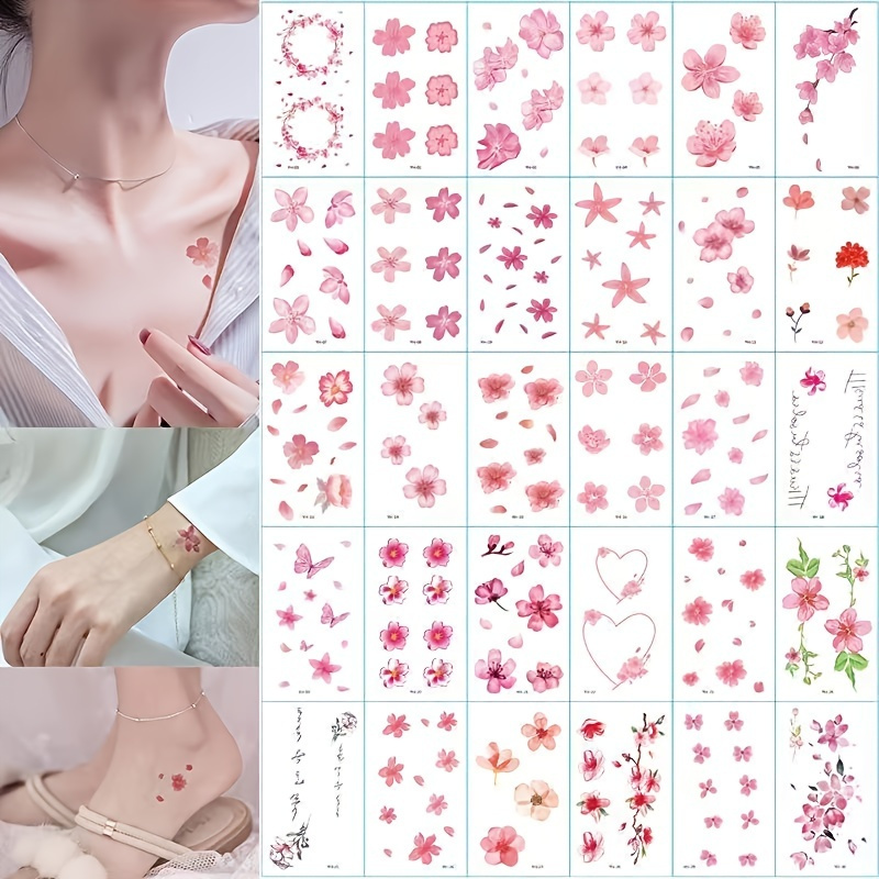 

Pink Temporary Tattoos, Spring Cherry Blossom Petal Cute Tattoos Stickers, Clavicle Arm Hand Long Lasting Waterproof Temporary Tattoos Stickers