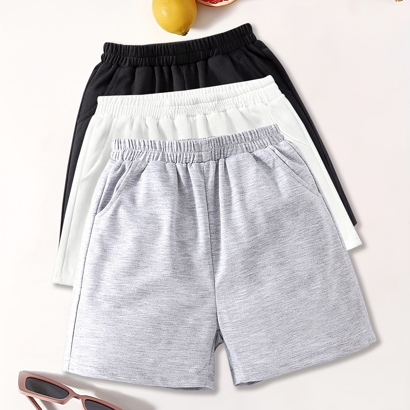 

3pcs Kid's Basic Shorts With Pockets Sports Casual Loose Fit Summer Sweatshorts For Girls Boys