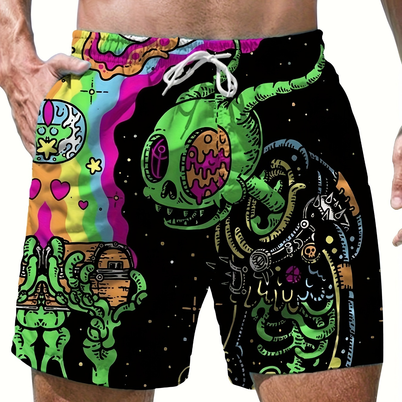 

Novelty Monster Pattern 3d Printed Men's Loose Beach Shorts Activewear, Drawstring Quick Dry Shorts, Lightweight Shorts For Summer Beach Holiday Surfing