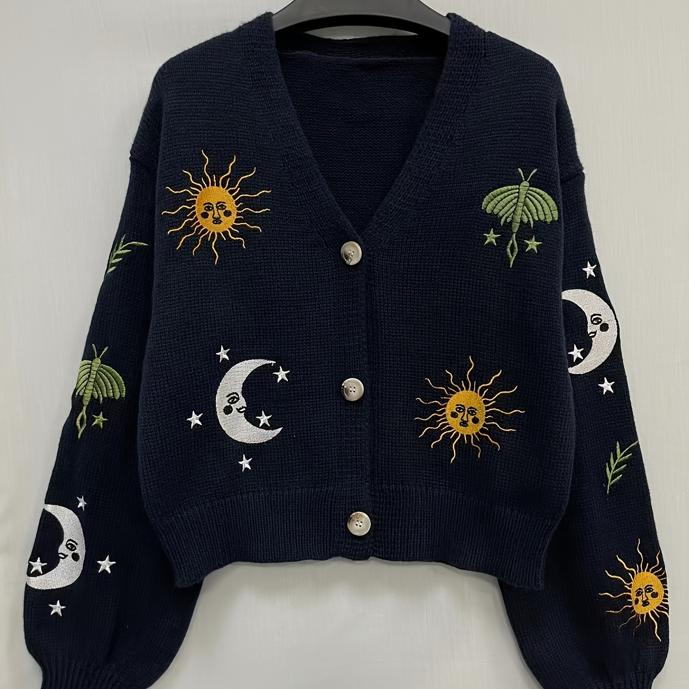 

Sun & Moon Pattern Crop Knitted Cardigan, Chic Button Front Lantern Sleeve Cardigan For Spring & Fall, Women's Clothing