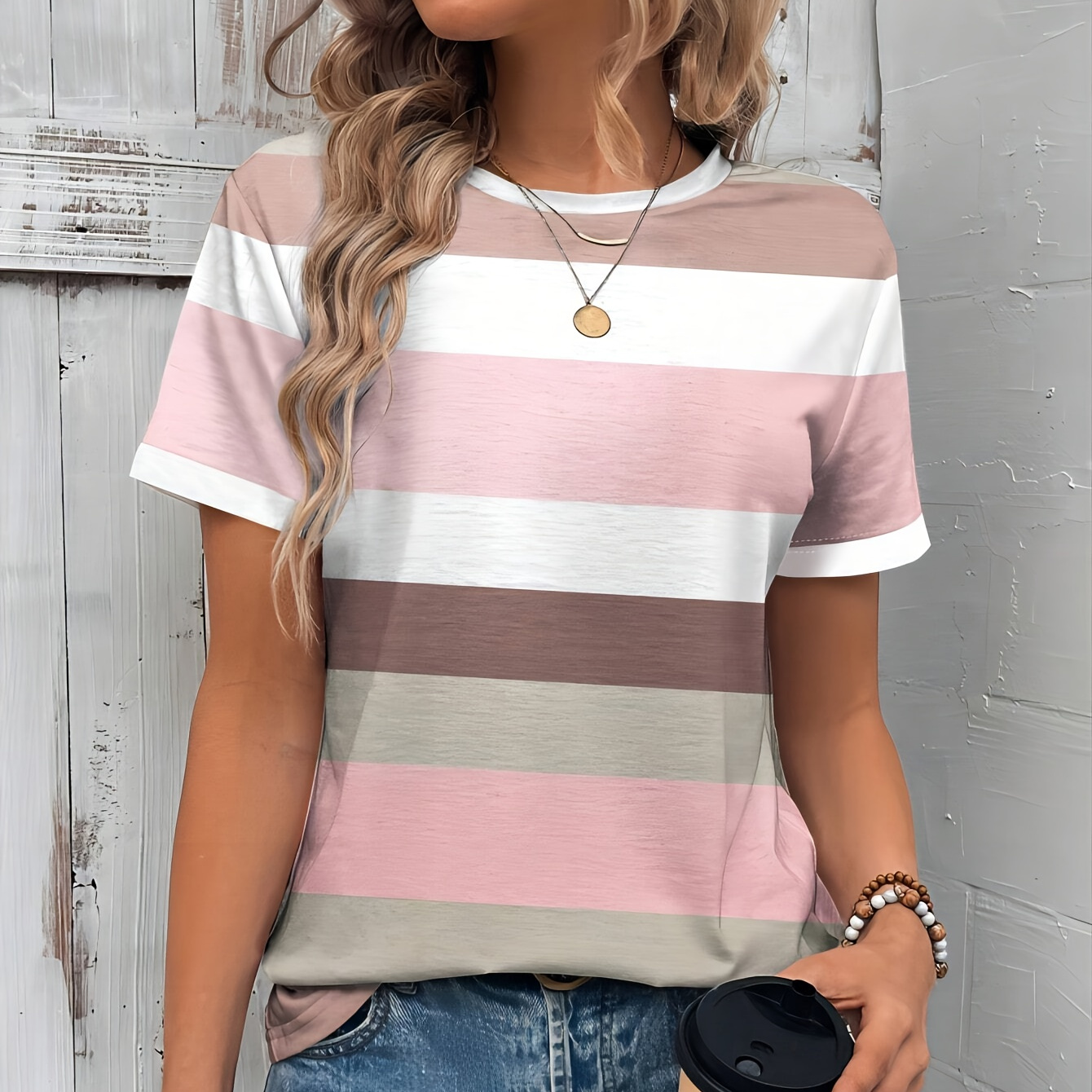 

Striped Color Block Short Sleeve Casual Women's T-shirt Made Of Slick Fiber