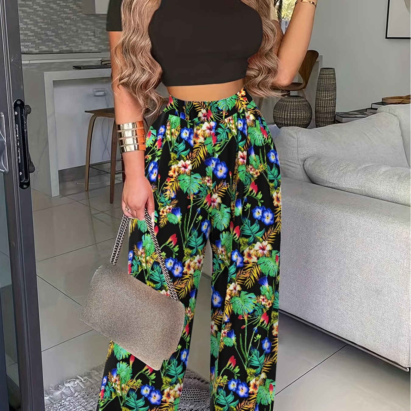 Casual Two piece Pants Set Crop Halter Top Floral Print Wide - Temu Canada