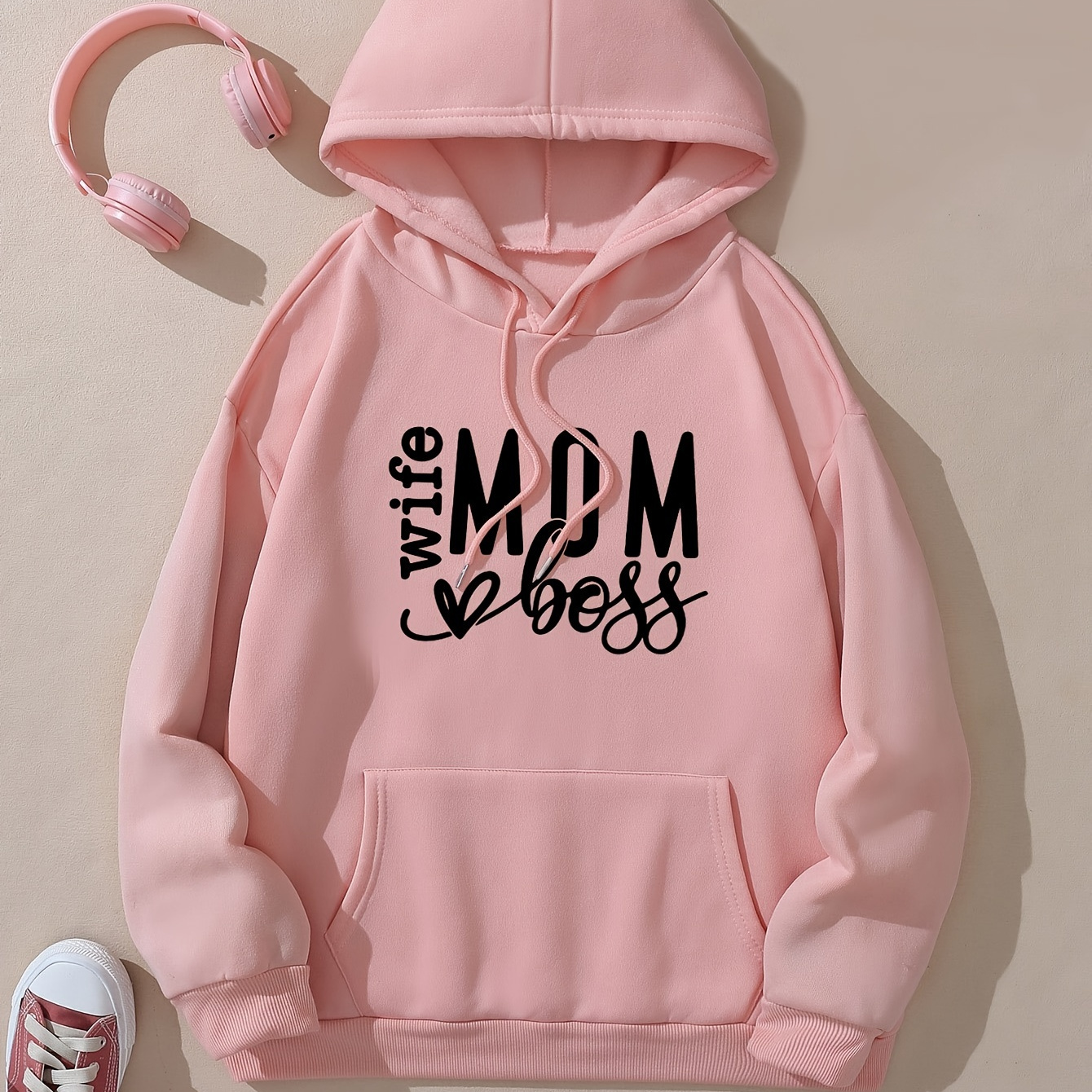 

Wife Mom Boss Letter Print Hoodie, Drawstring Casual Hooded Sweatshirt For Fall & Spring, Women's Clothing