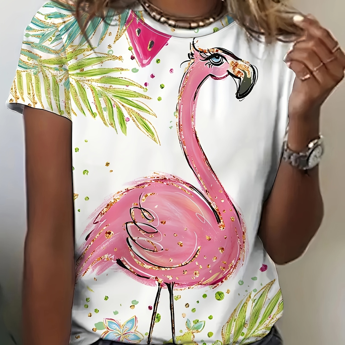 

Flamingo Print T-shirt, Casual Short Sleeve Crew Neck Top For Spring & Summer, Women's Clothing