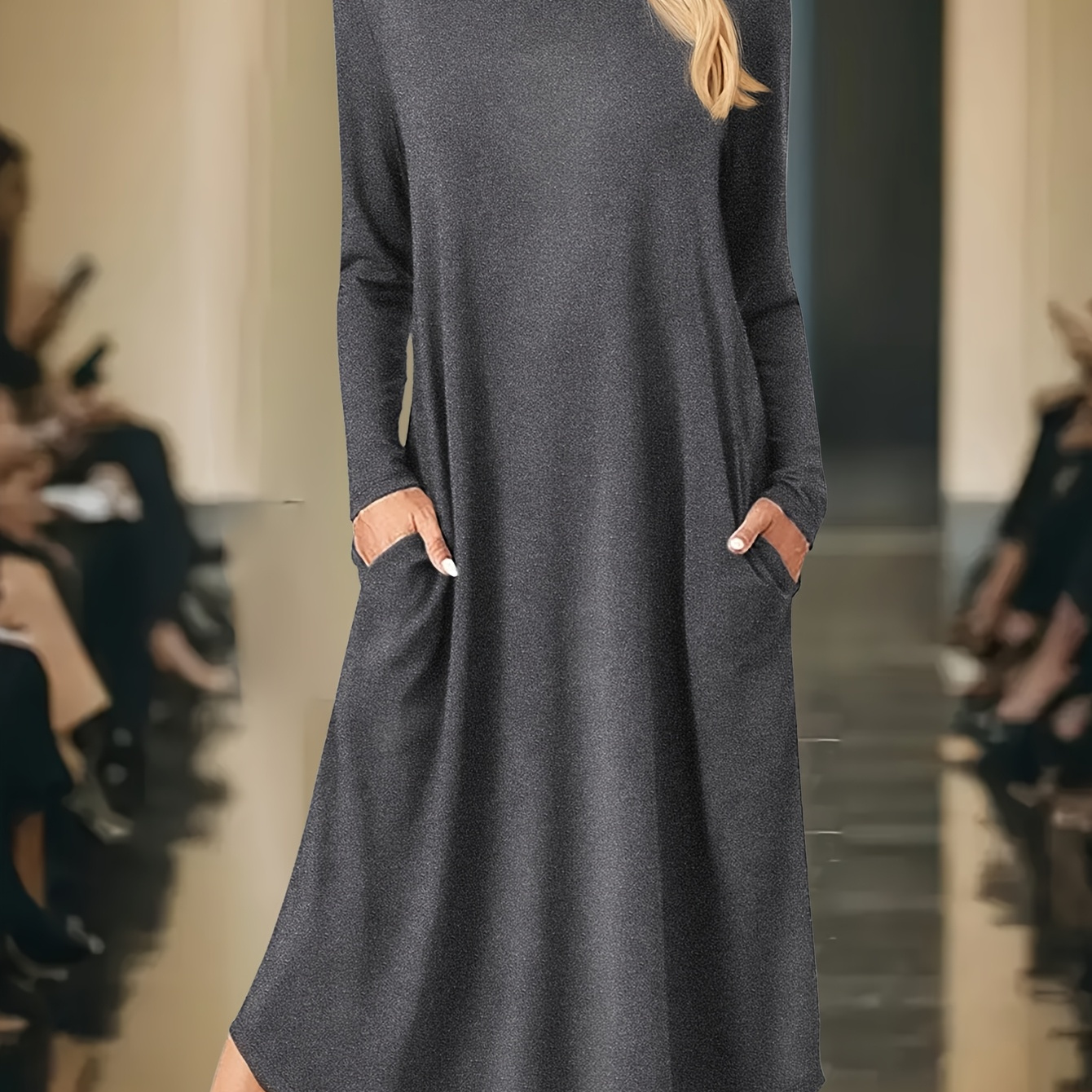 

Chic Solid Color Long Sleeve A-line Dress With Pockets - Stretchy Polyester & Spandex , Fall/winter - Machine Washable