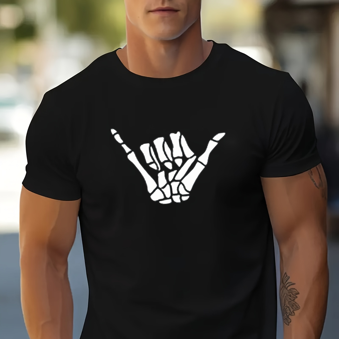 

Men's Casual Cotton Short Sleeve, Stylish T-shirt With Skeleton Hand Creative Print, Summer Fashion Top, Crew Neck Tee-shirt For Male