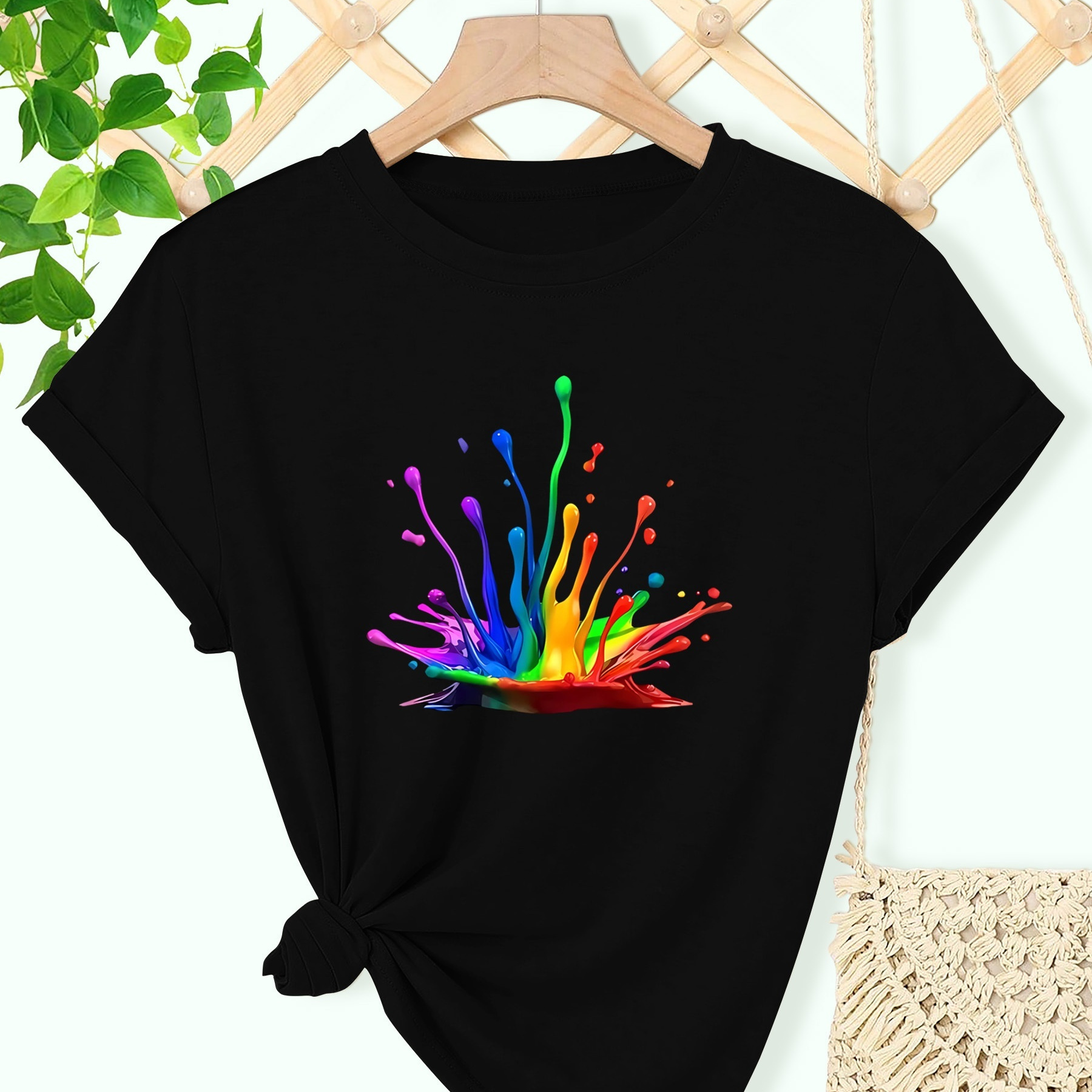 

Women's Rainbow Paint Splash Print Casual T-shirt, Round Neck Short Sleeve Sports Tee, Summer Top