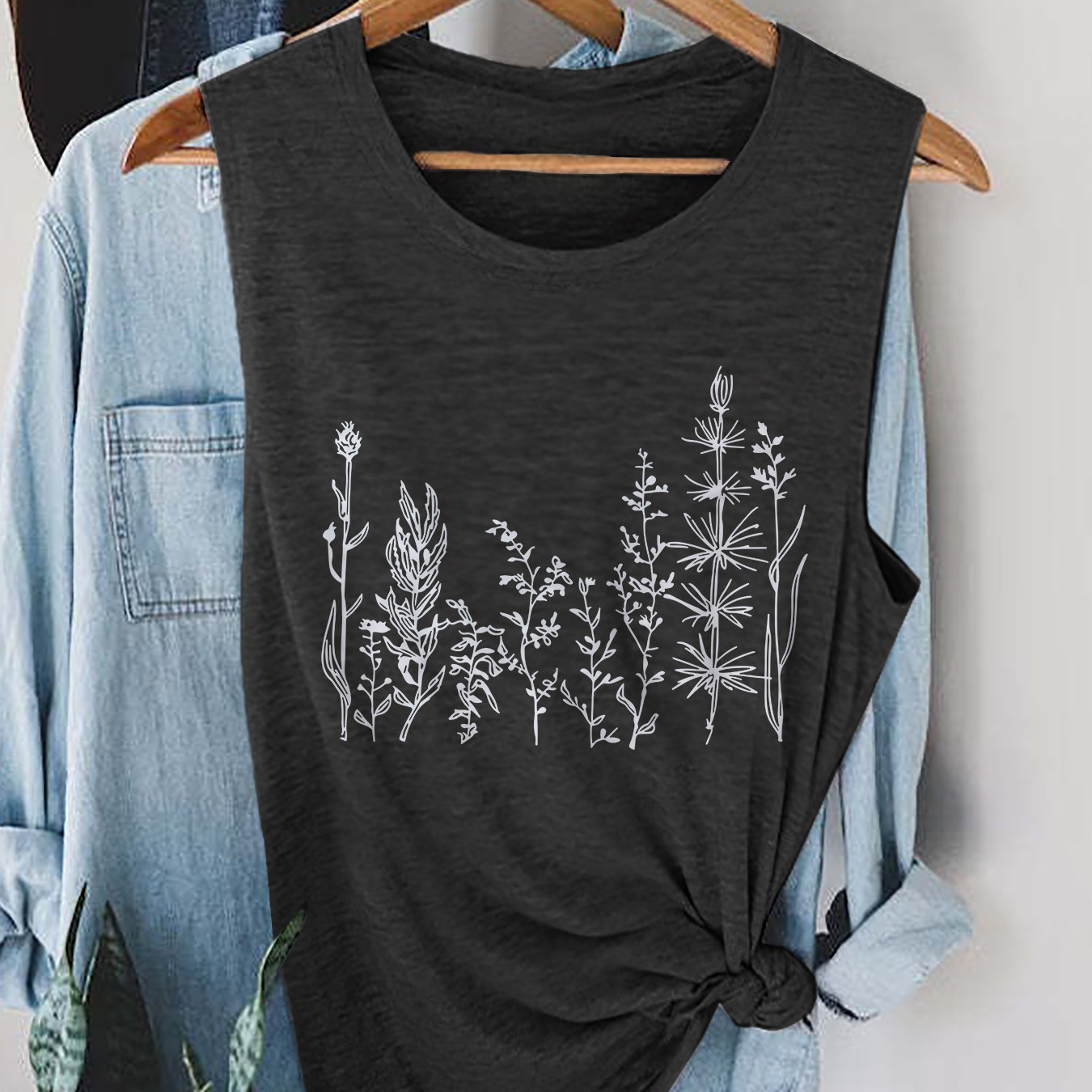 

Plants Print Crew Neck Tank Top, Casual Sleeveless Tank Top For Summer, Women's Clothing