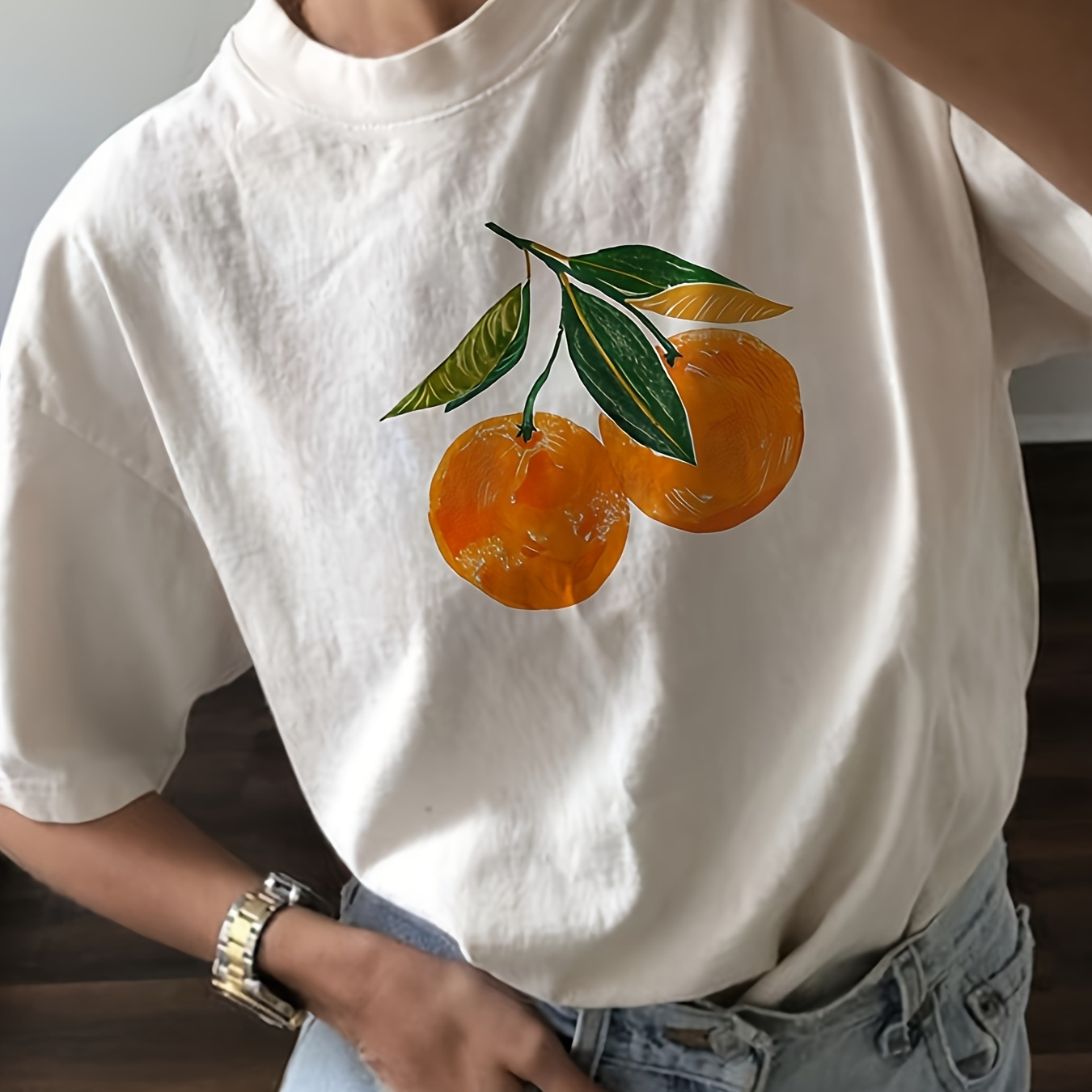 

Orange Print T-shirt, Short Sleeve Crew Neck Casual Top For Summer & Spring, Women's Clothing