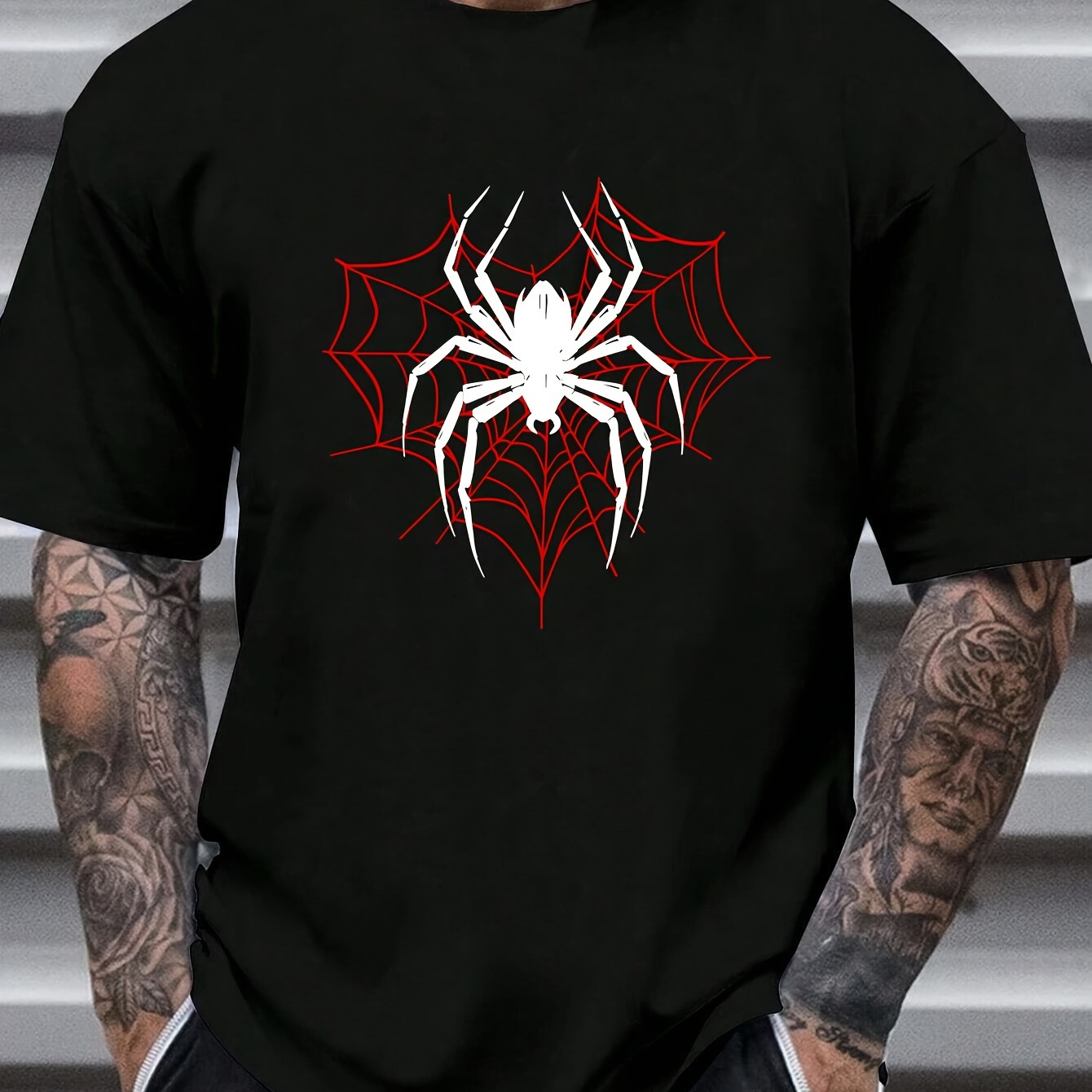 

Spider Printed T-shirt Men's Casual Style Summer And Autumn Slightly Elastic Round Neck T-shirt