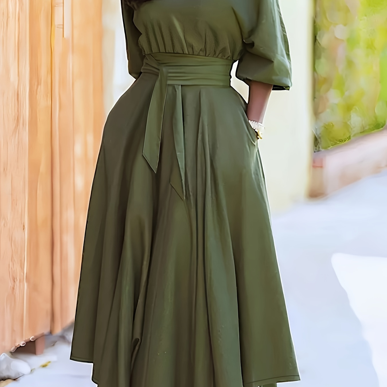 

Women's Casual Off-shoulder Mid-sleeve Dress With Tie Waist And Dual Pockets, Asymmetrical Hem, Zip Closure - Solid Green, Polyester , Casual Summer Dress|elegant Casual Wear|smooth Fabric