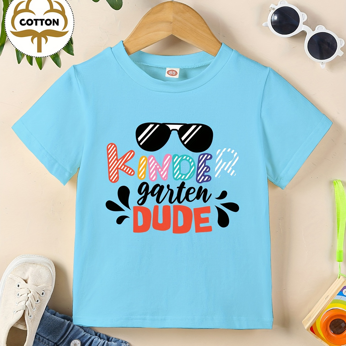 

Kindergarten Dude & Sunglasses Print Casual Short Sleeve T-shirt For Boys & Baby Boys, Cool Comfy Lightweight Versatile Tee Top, Boys Toddlers Summer Outfits Clothes