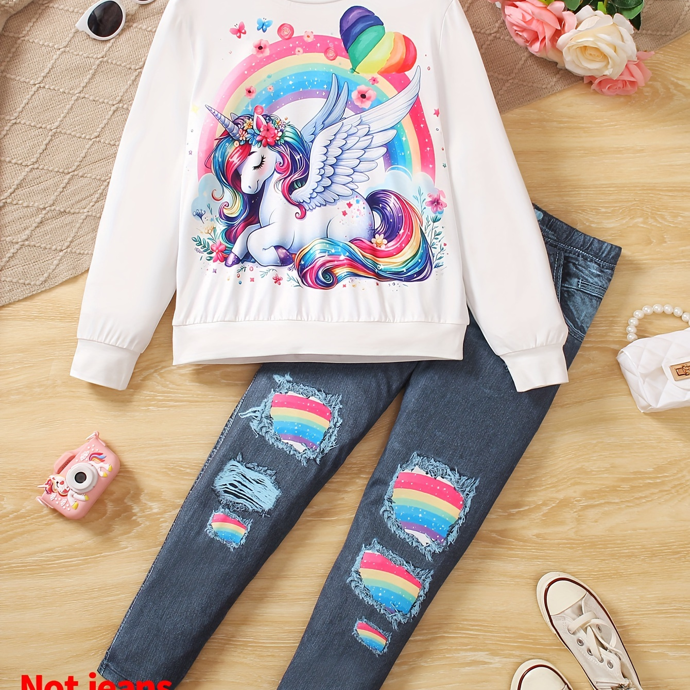 

2pcs/set & Outfit, Long Sleeve Unicorn & Graphic Sweatshirt & Pants For & , Cloth