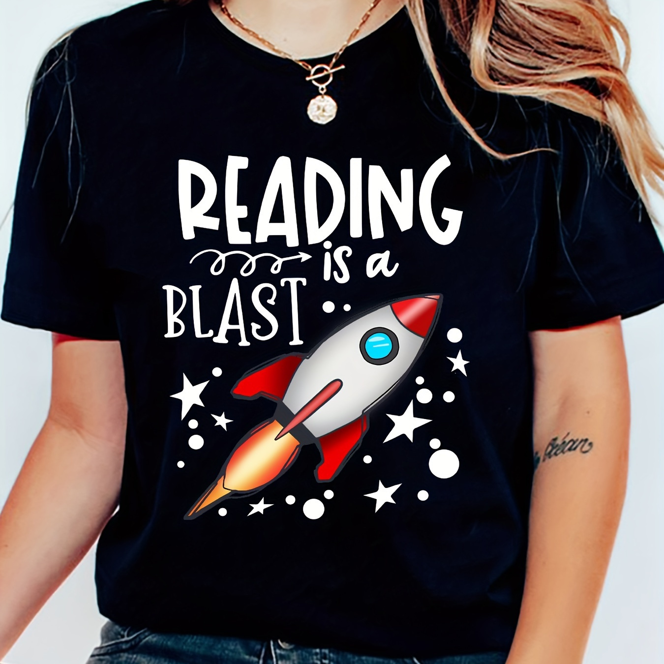 

Women's Casual Summer T-shirt, "reading Is A Blast" Space Rocket Design, Loose Fit, Tee-shirt, Comfy Literary Fashion Top