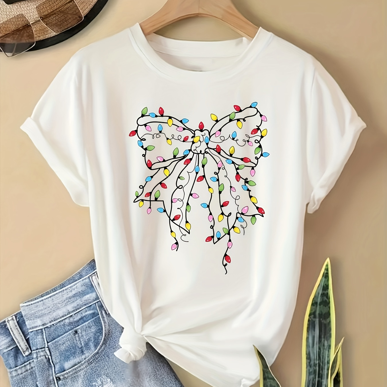

Christmas Lights Bow Printed Women's Short Sleeve T-shirt - , Soft Knit Fabric, Round Neckline