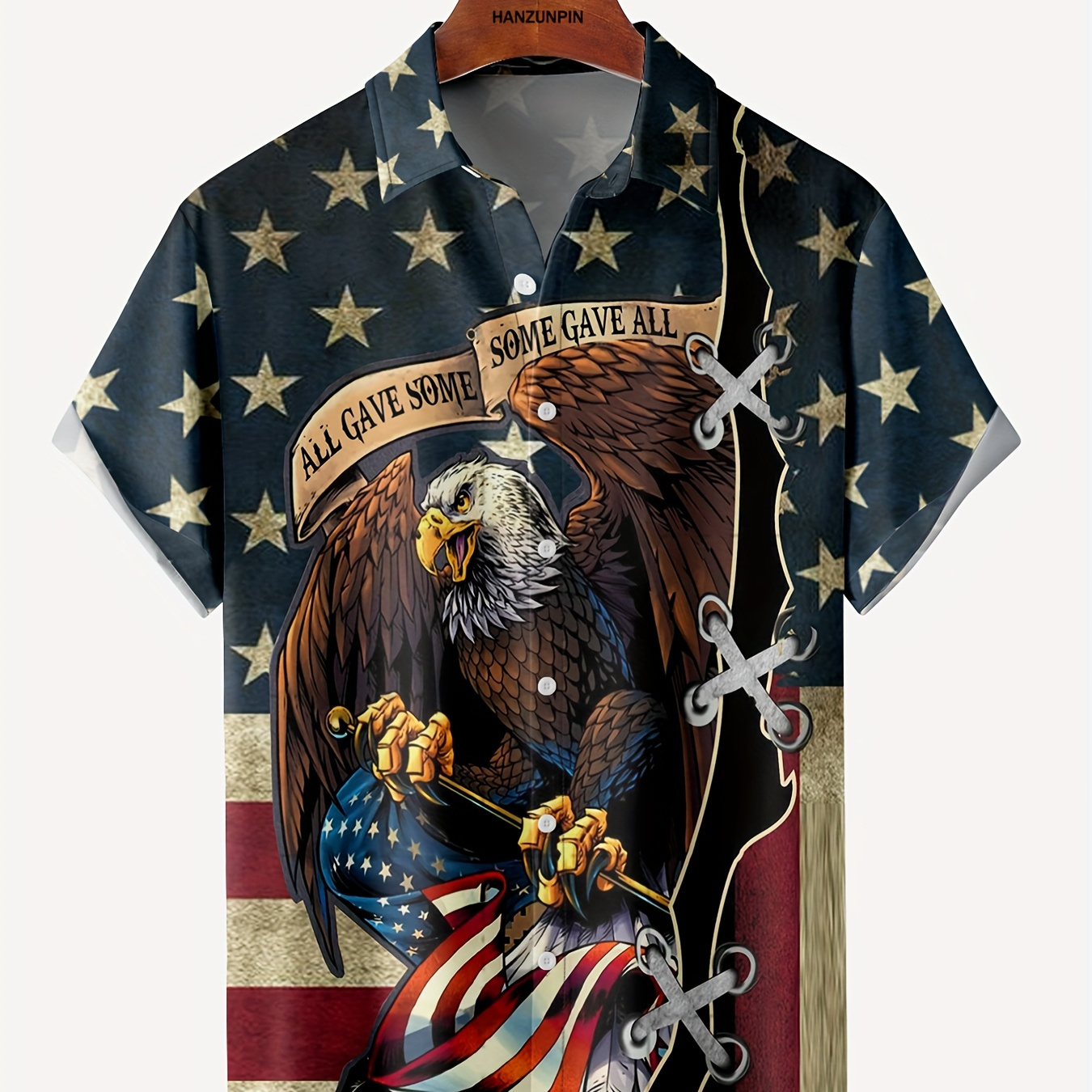 

Plus Size Lapel Mens American Flag Graphic Print Hawaiian Shirt Button Down Shirts, Top Blouse Shirts, Short Sleeve, Button Down Shirts