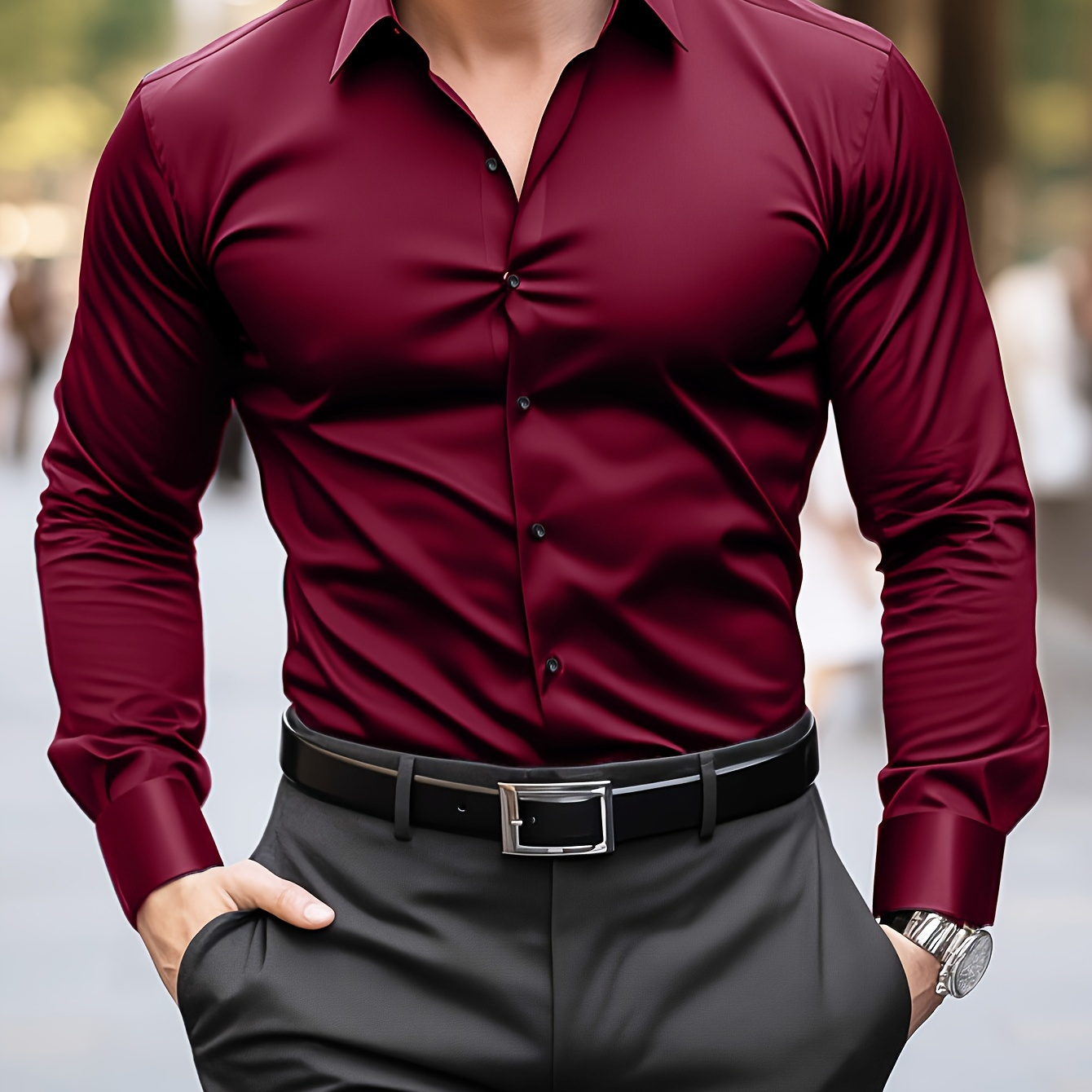 

Men' Burgundy Shirt, 100% Polyester, , Woven Fabric With Slight Stretch, Lapel Collar, Button , Fashionable Adult Shirting