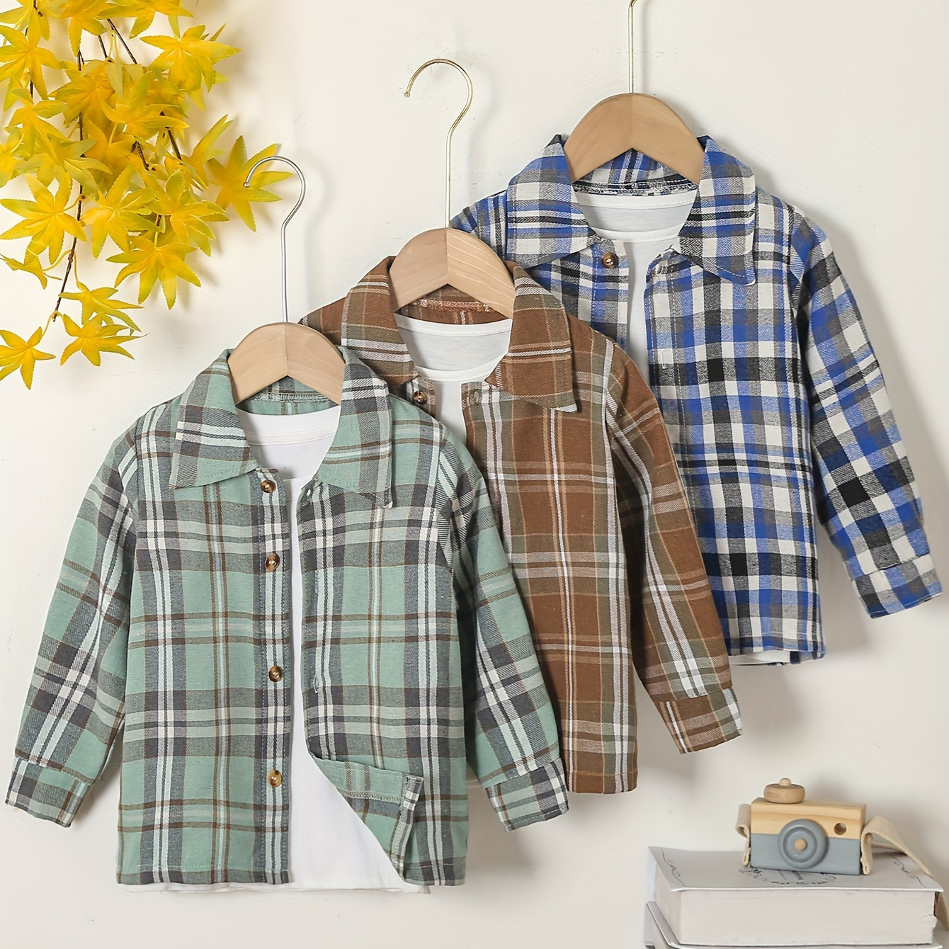 

3pcs Boys Plaid Shirts (without T-shirt), Casual Long Sleeve Button Up Tops Spring Fall Outwear Shirts Jacket Clothes