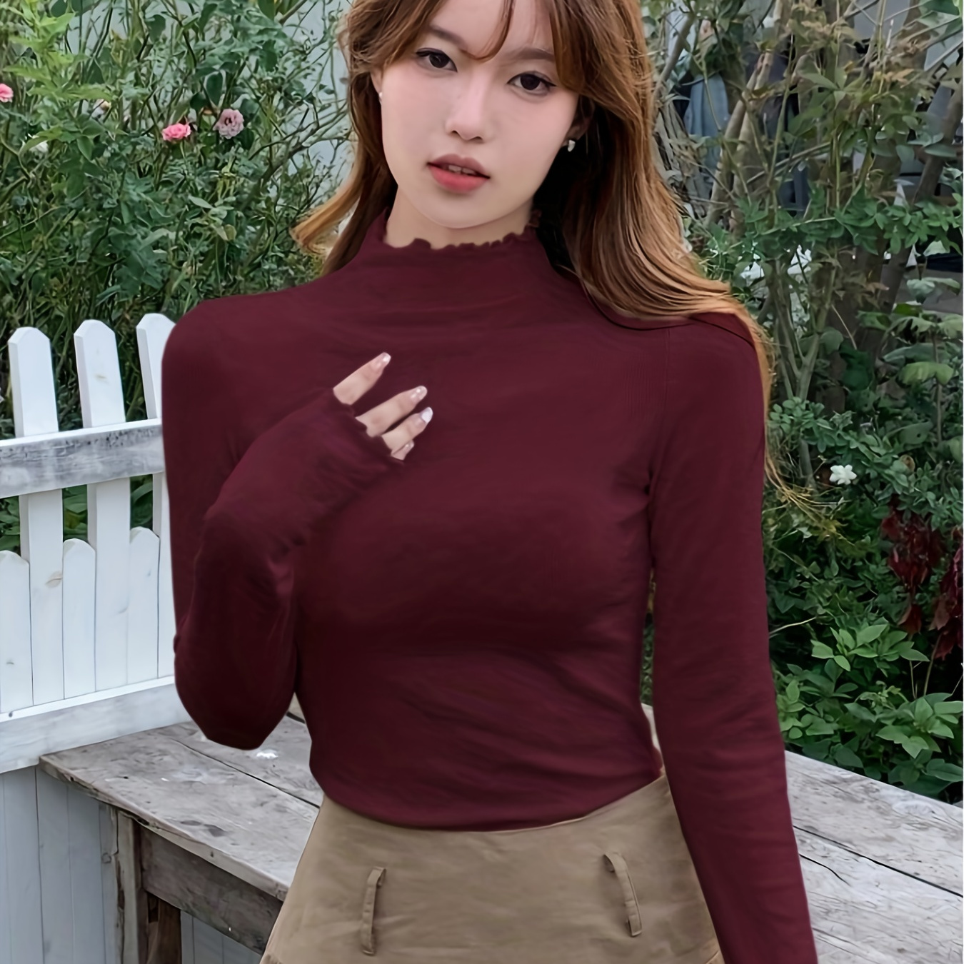 

Women's Casual Turtleneck Sweater Top With Ruffle Collar, Long Sleeve, Solid Color, Knit Fabric, Polyester, Comfort