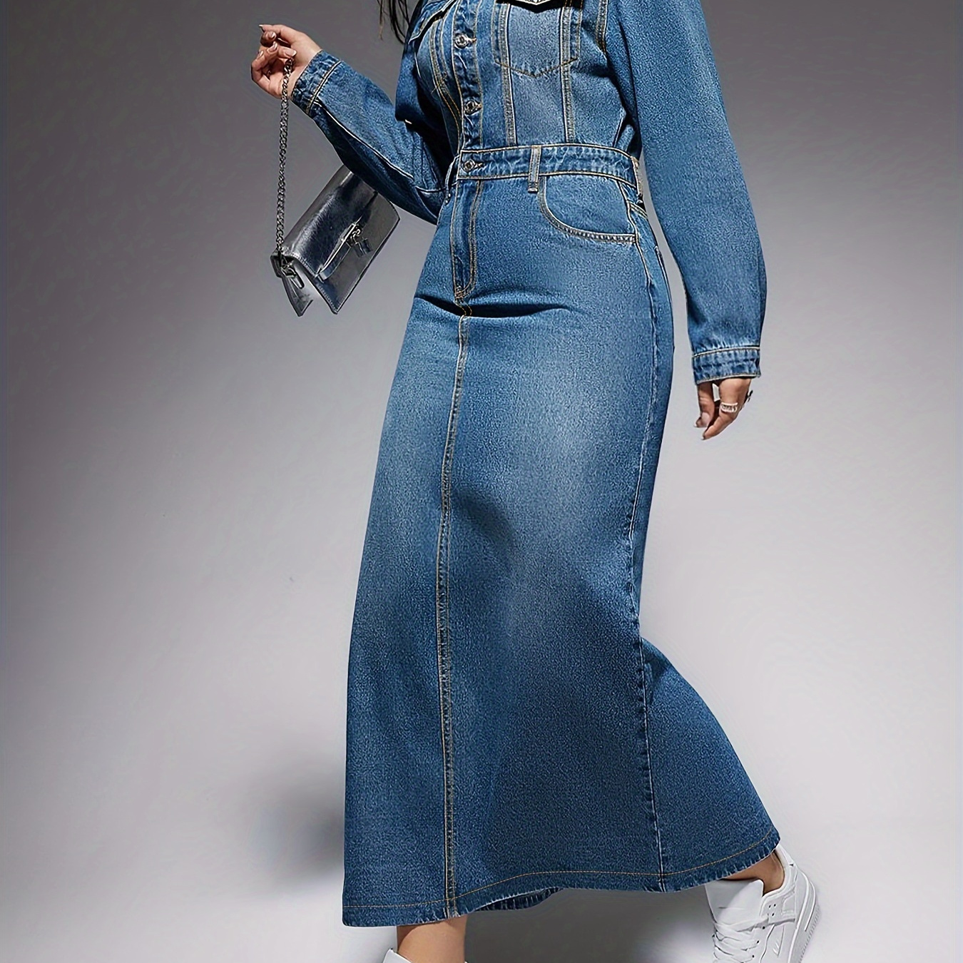 

Elegant Long Sleeve Denim Midi Dress For Women - Chic Single-breasted Design With Flap Pockets, Stretchy Rayon & Polyester , Machine Washable - Fall/winter