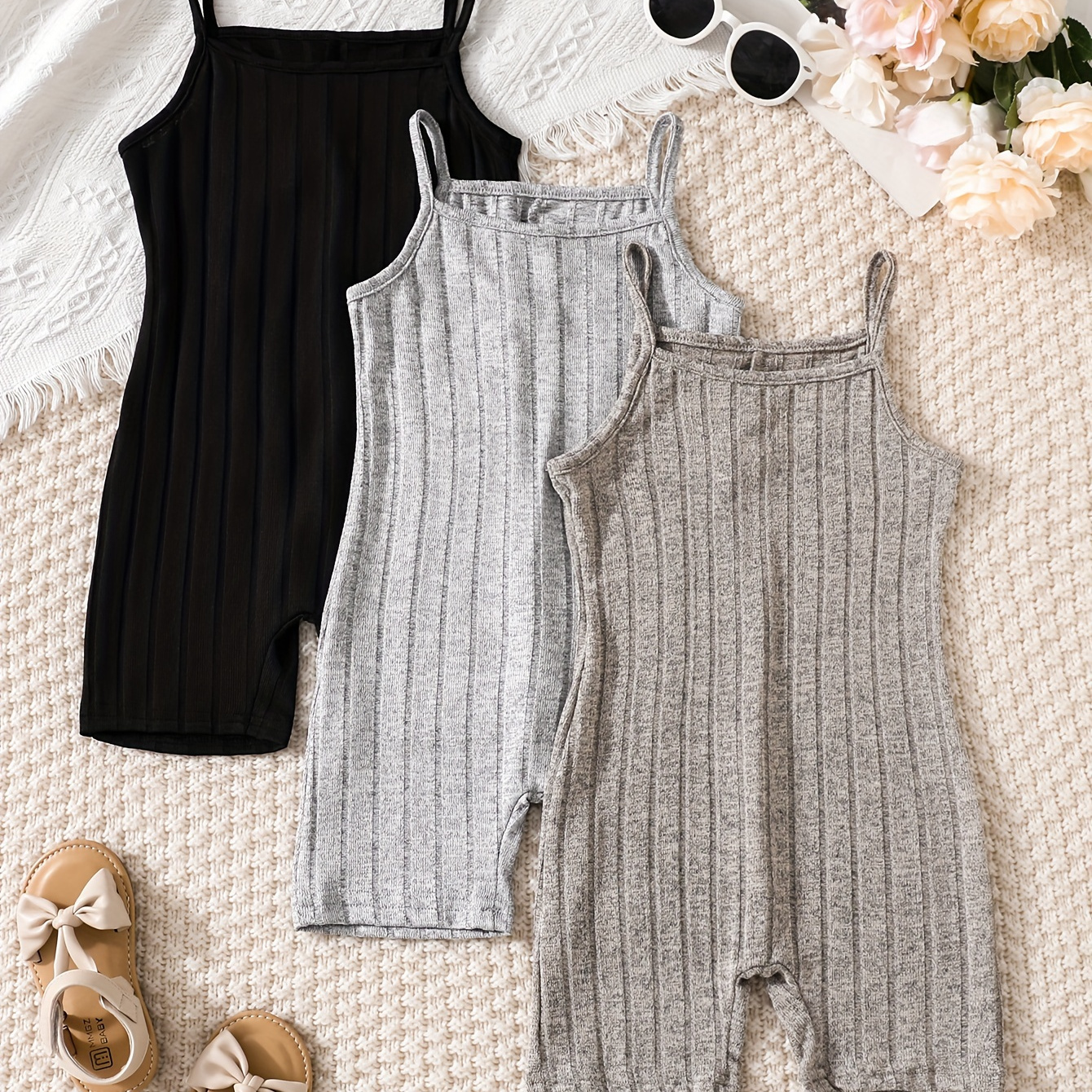 

3pcs, Knit Solid Color Ribbed Cami Rompers For Girls, Stylish Summer Versatile Suit Outdoor Jumpsuit Holiday Gift