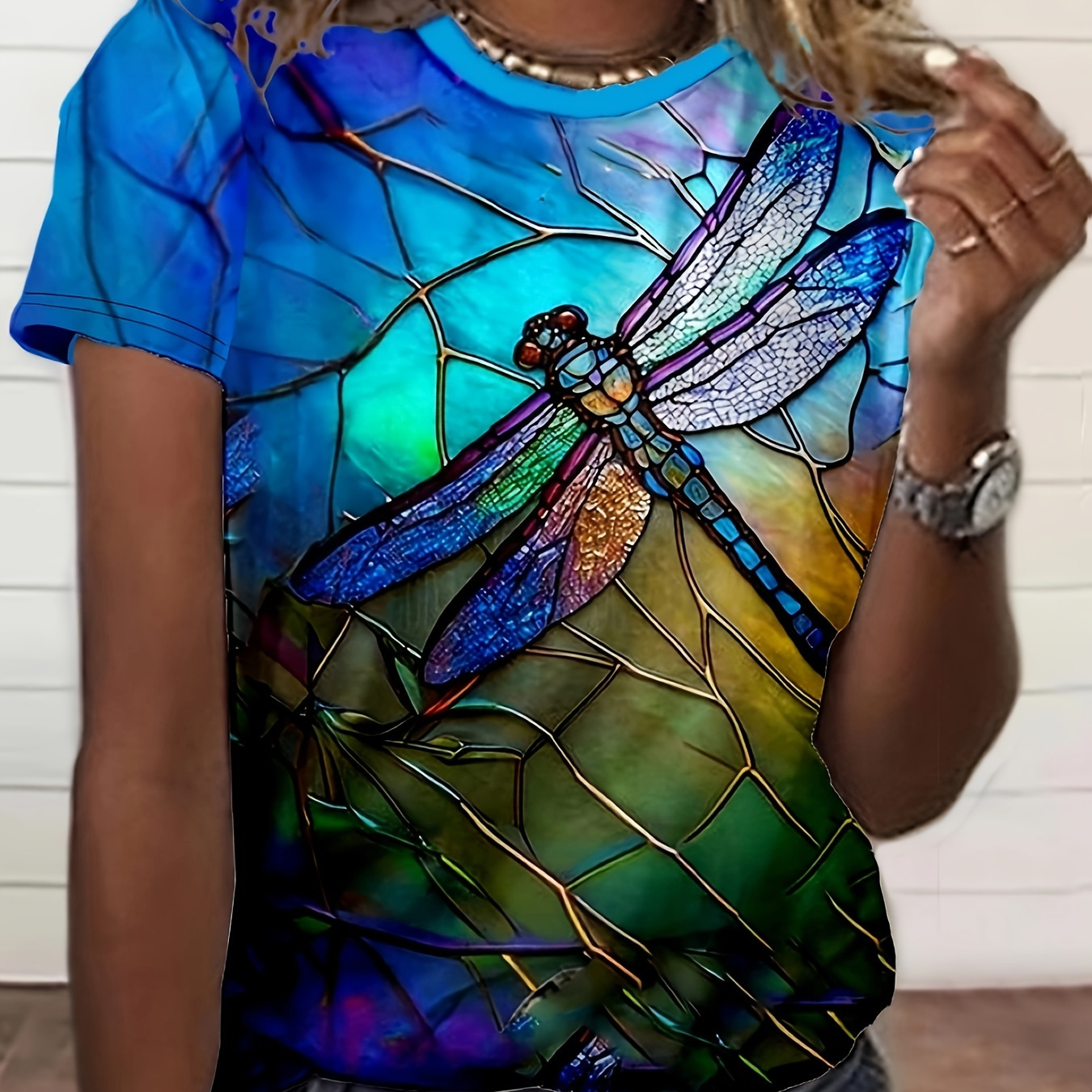 

Dragonfly Print T-shirt, Casual Short Sleeve Crew Neck Top For Spring & Summer, Women's Clothing