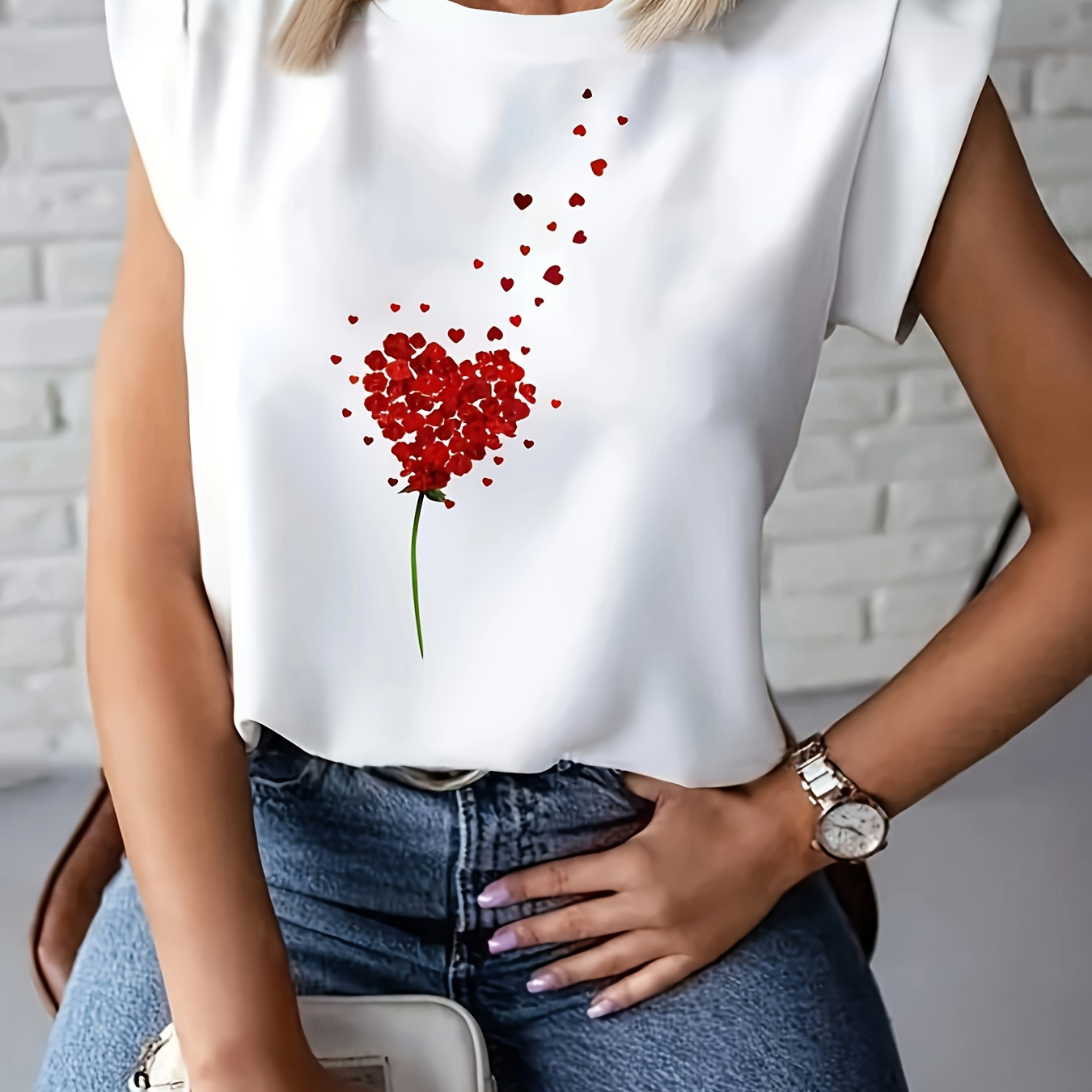 

Hearts Print Stand Neck T-shirt, Casual Short Sleeve T-shirt For Spring & Summer, Women's Clothing