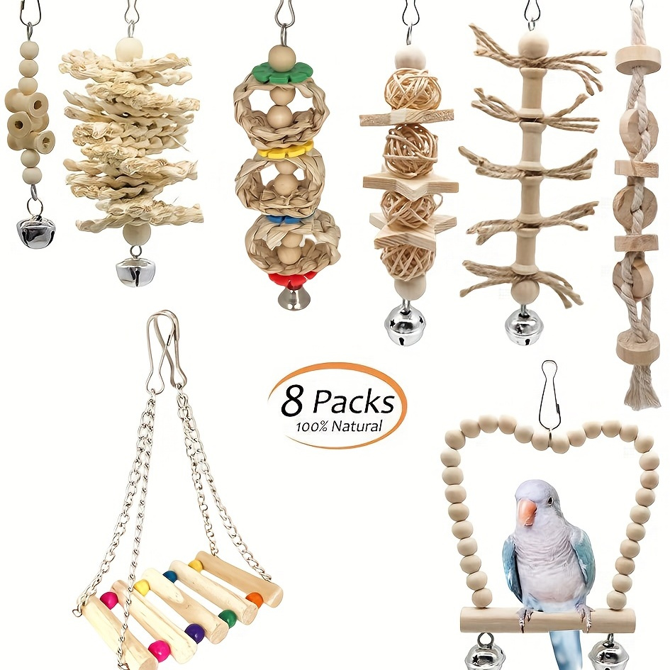 8 pcs/set Wooden Bird Swing with Hanging Bell - Fun Chew Toy for Parrots and Other Birds - Cage Accessory for Happy and Healthy Pets