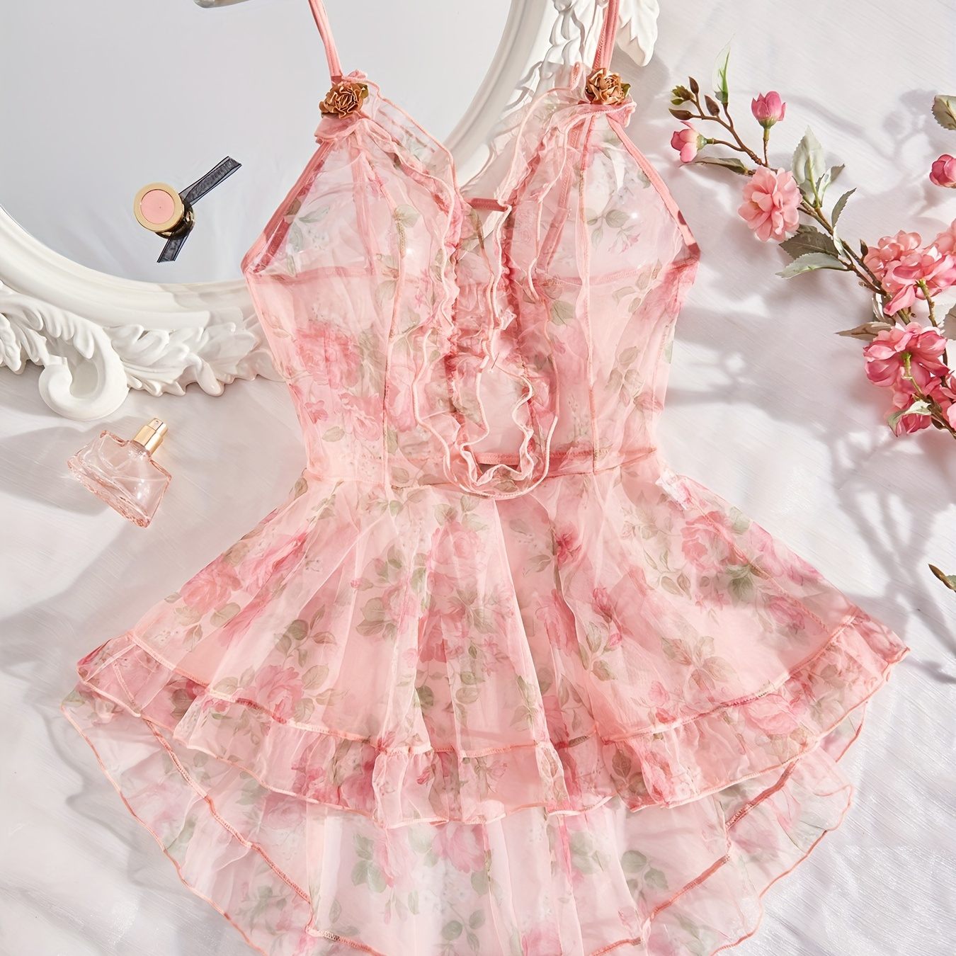 

Robe De Nuit À Imprimé Floral Et Bordure À Volants, Mini Robe De Nuit Semi-transparente À Col En V Et Ourlet Bas, Vêtements De Nuit Et Robes Pour Femmes