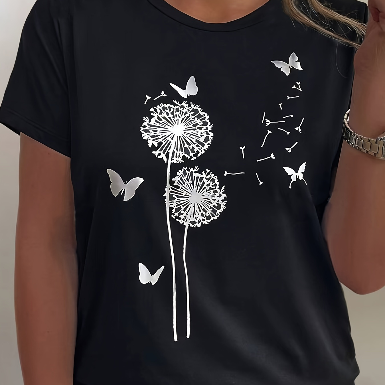 

Dandelion & Neck T-shirt, Comfy Short Sleeve Casual Top For Summer & Spring, Women's Clothing