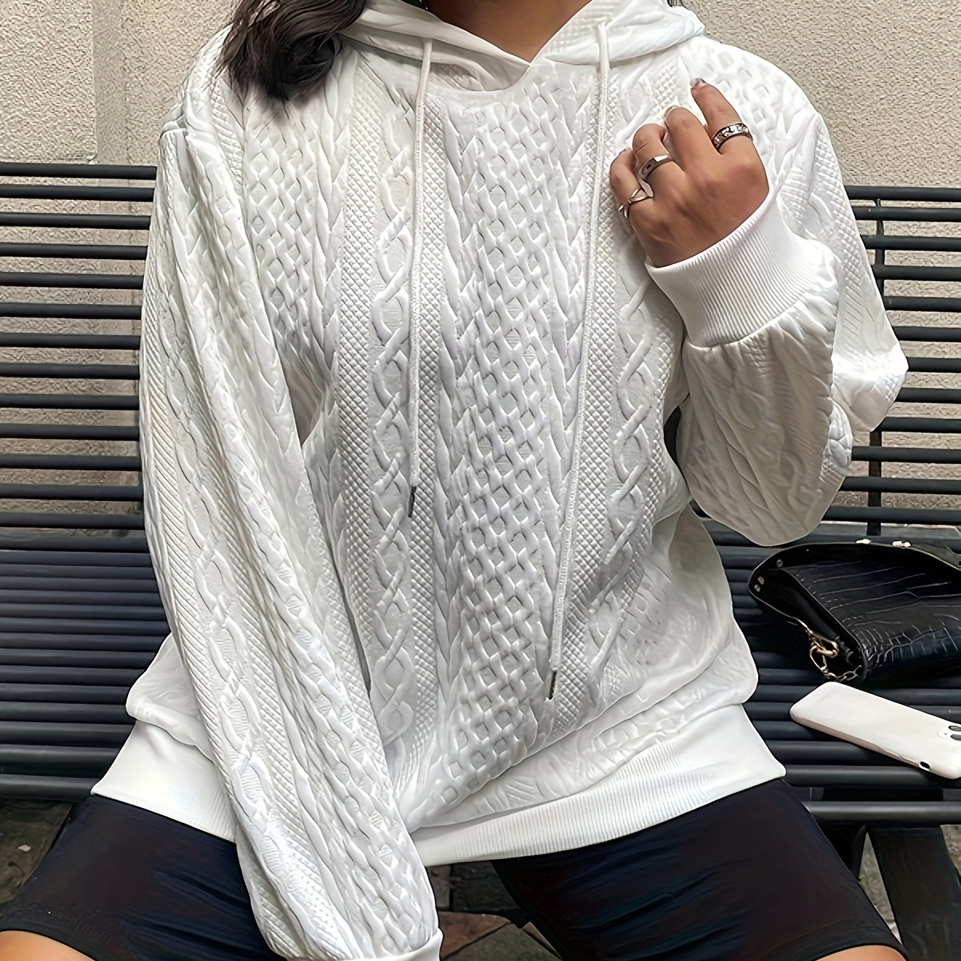 

Plus Size Casual Sweatshirt, Women's Plus Solid Cable Long Sleeve Hooded Drawstring Sweatshirt