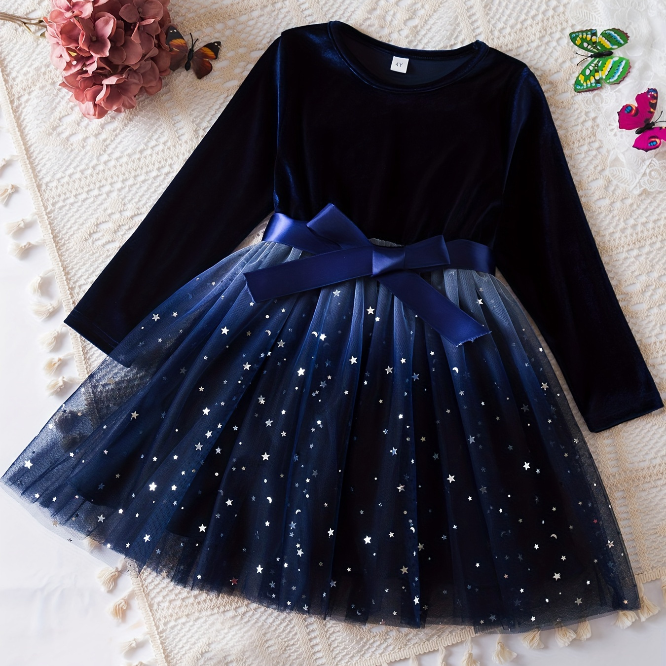 

Elegant Style Princess Dress For Girls, Gradient Shiny Stars Mesh Splicing Long-sleeved Fall/ Winter Party Dresses