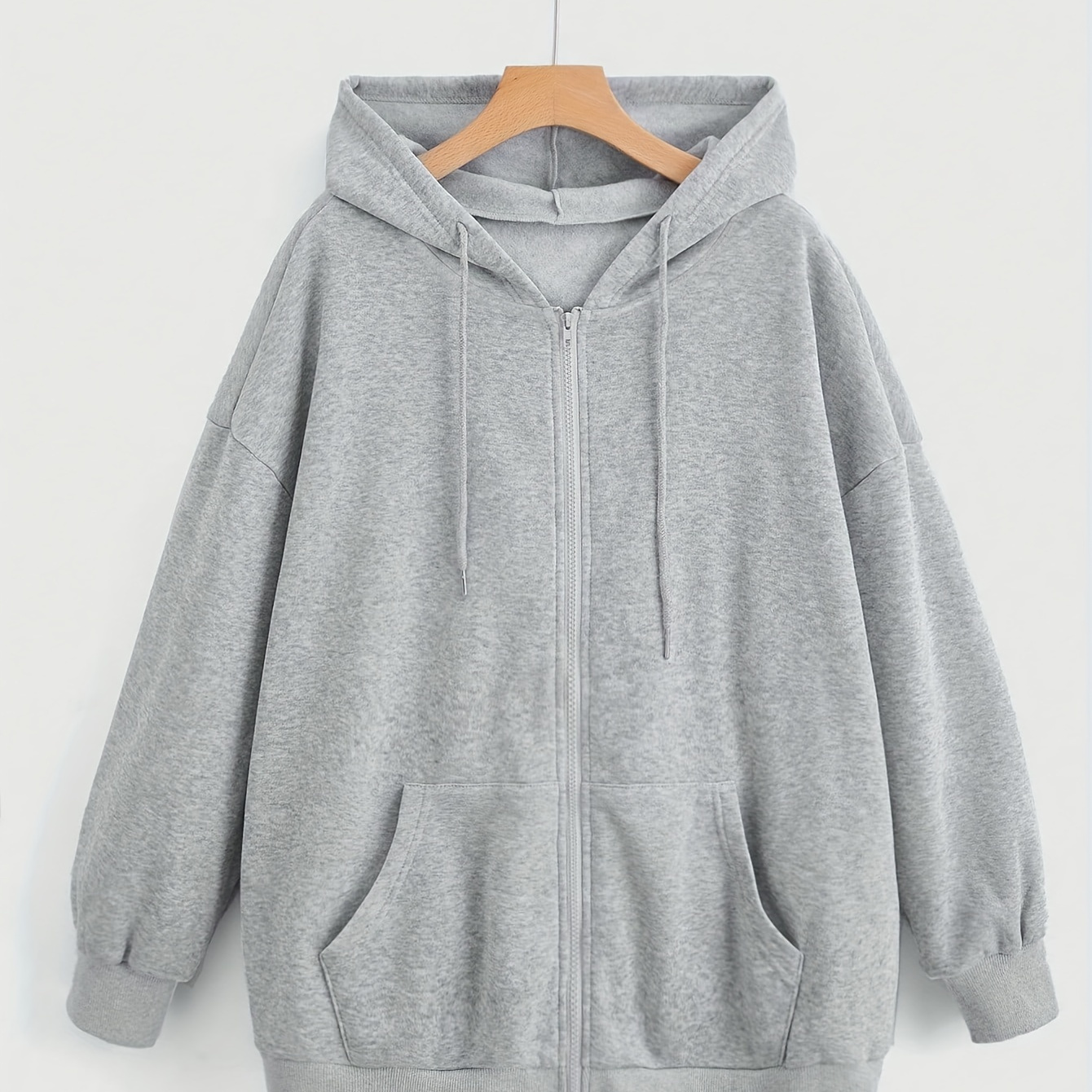 

Plus Size Casual Hoodie - 100% Polyester Knit Fabric, Long Sleeve, Solid Color, Drop Shoulder, Drawstring, Zipper Closure, Stretch, Fall/winter Wear