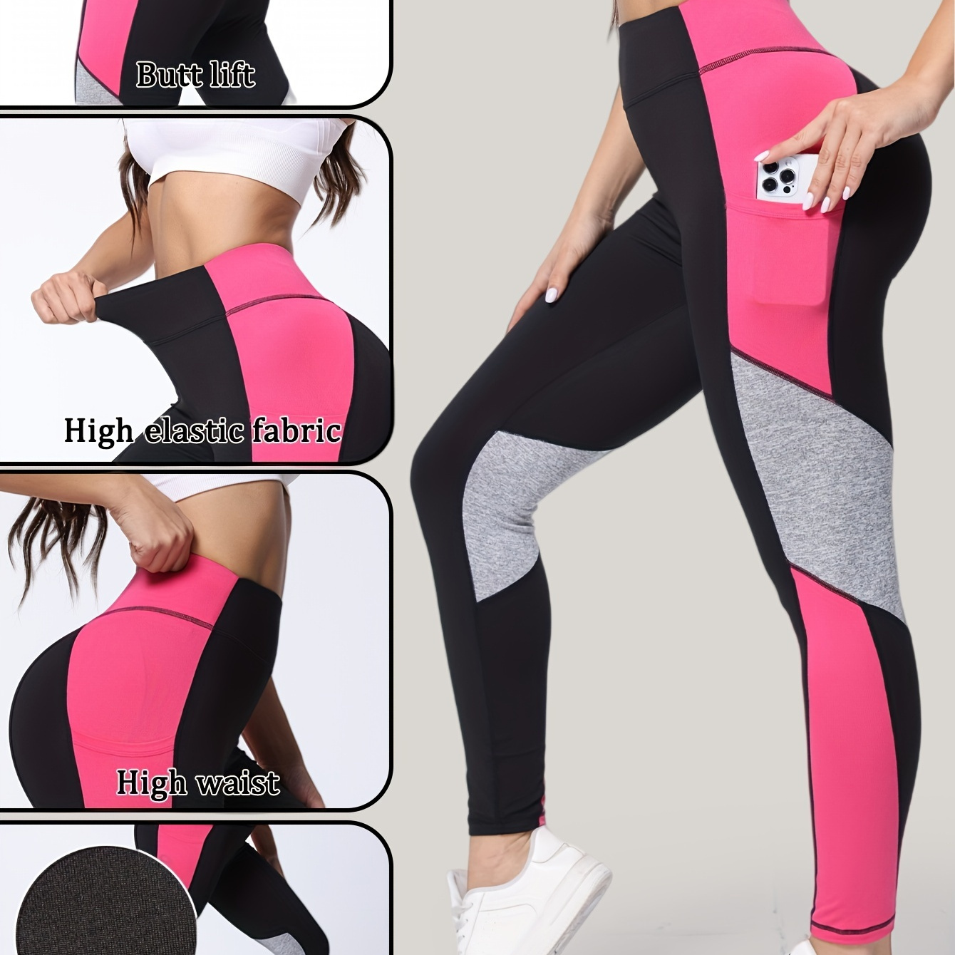 

Women's Colorblock High Waisted Fitness Leggings With Pockets, Athletic Tights For Running, Yoga, Outdoor And Casual Wear