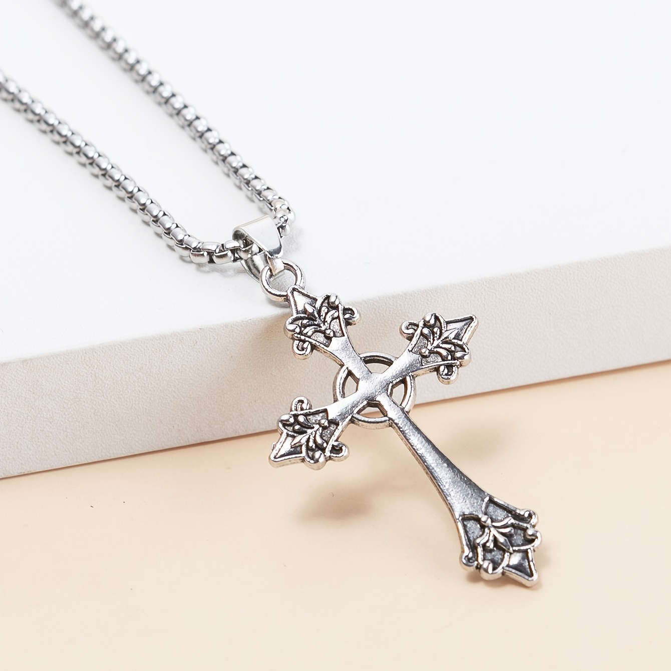 1pc Men's Silver Four Grass Medium Round Cross Pendant Necklace ...