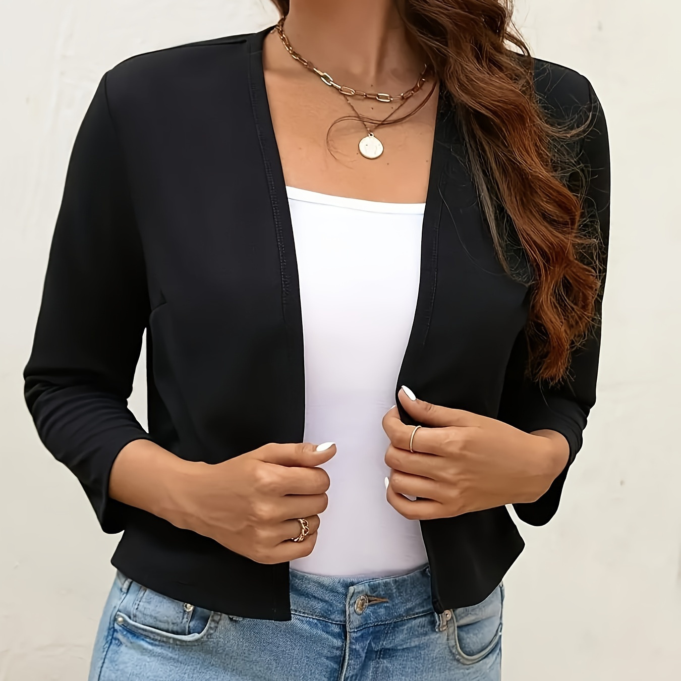 

Crop Plain Color Open Front Blazer, Versatile 3/4 Sleeve Blazer For Office & Work, Women's Clothing