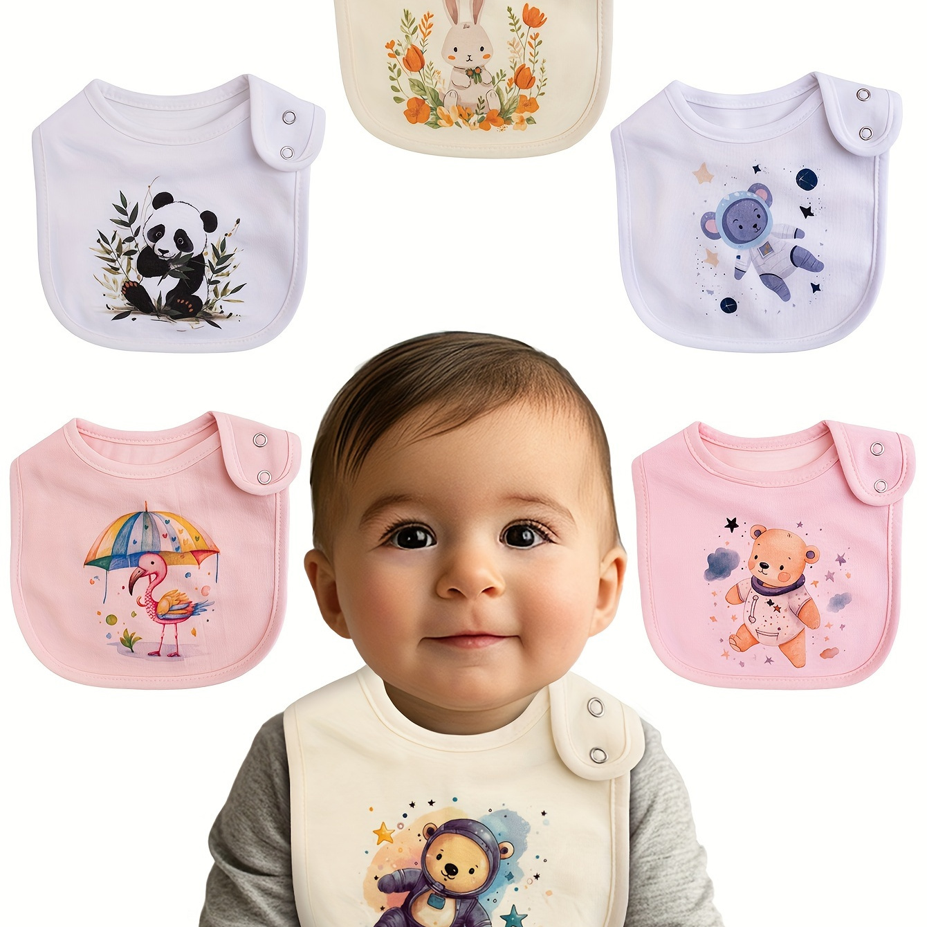 

6-piece Set Of Cartoon-printed, Adjustable Snap-on Waterproof Feeding Bibs For Boys And Girls, Suitable For Spring, Summer, Autumn, And Winter.