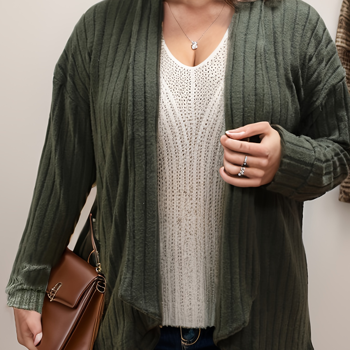 

Plus Size Casual Cardigan, Women's Plus Solid Ribbed Long Sleeve Open Front Slight Stretch Cardigan