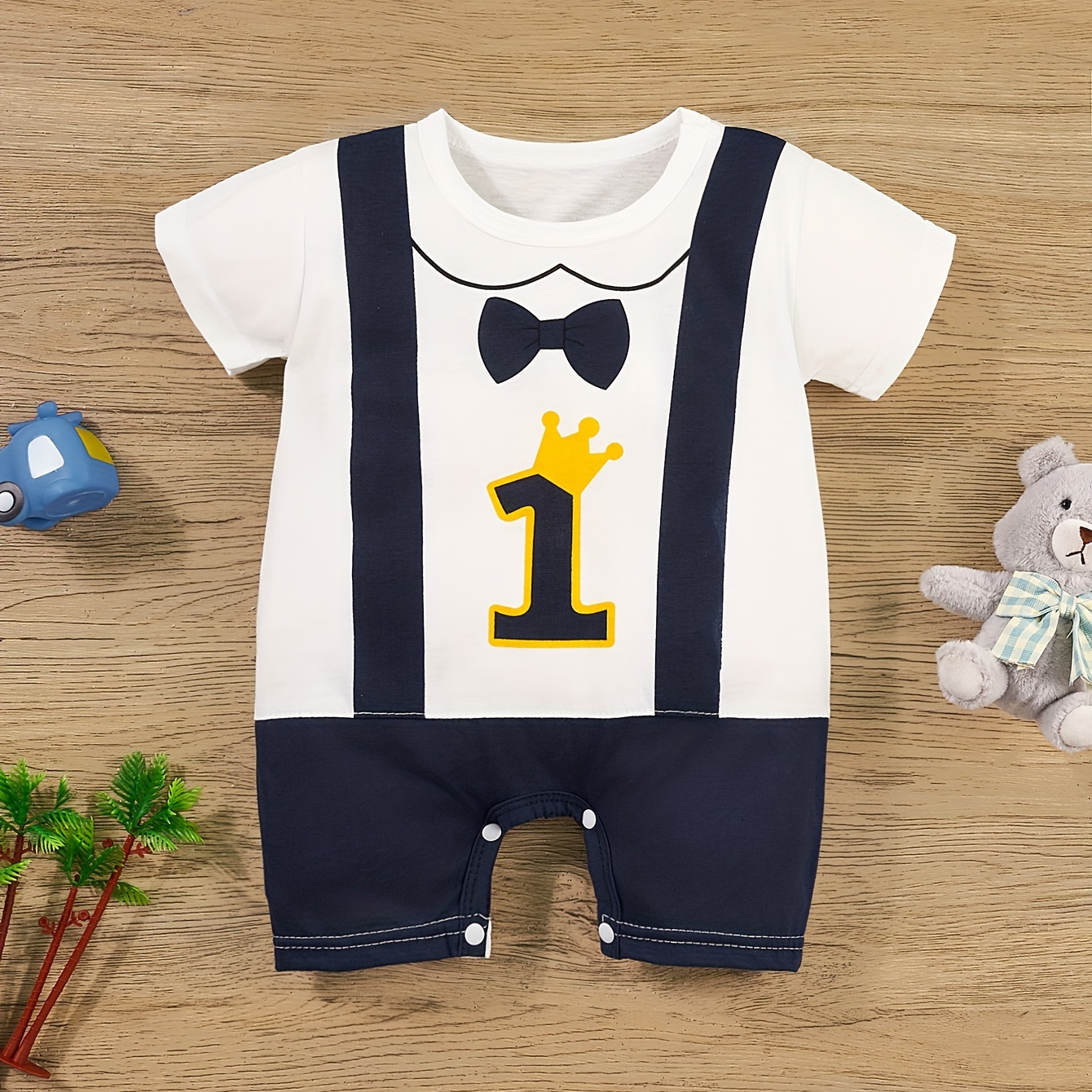 

Infant's Creative Faux Two-piece Bodysuit, Casual Short Sleeve Romper, Baby Boy's Clothing, Gift For Birthday Baby