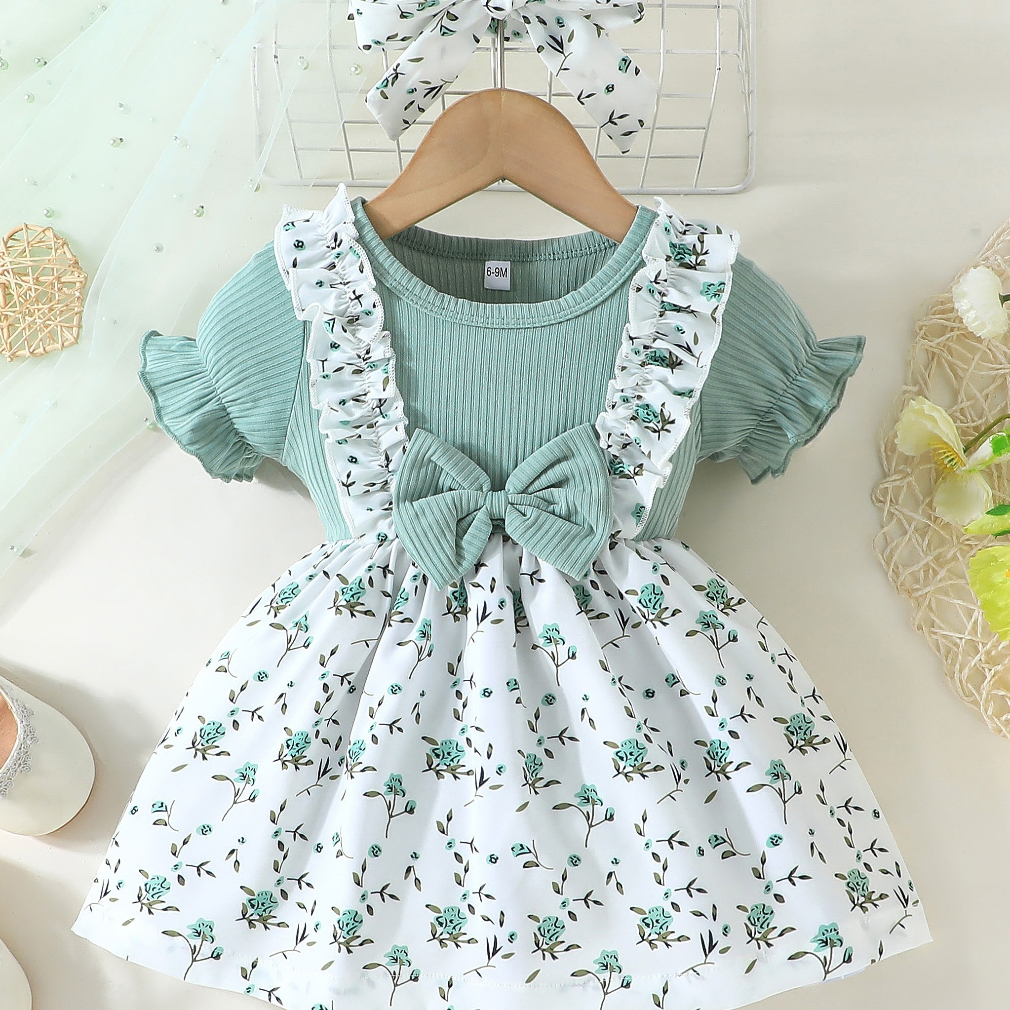 

Baby's Adorable Bowknot Decor Flower Pattern Faux Two-piece Dress, Infant & Toddler Girl's Clothing For Summer Daily Wear/holiday/party, As Gift