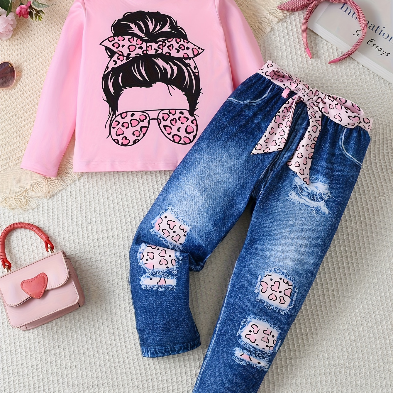 

1 Set Girl's Portrait Print Long-sleeve Top + Imitation Denim Effect Leggings Pants - Spring & Fall Daily Comfy Casual Outfit, As Gift